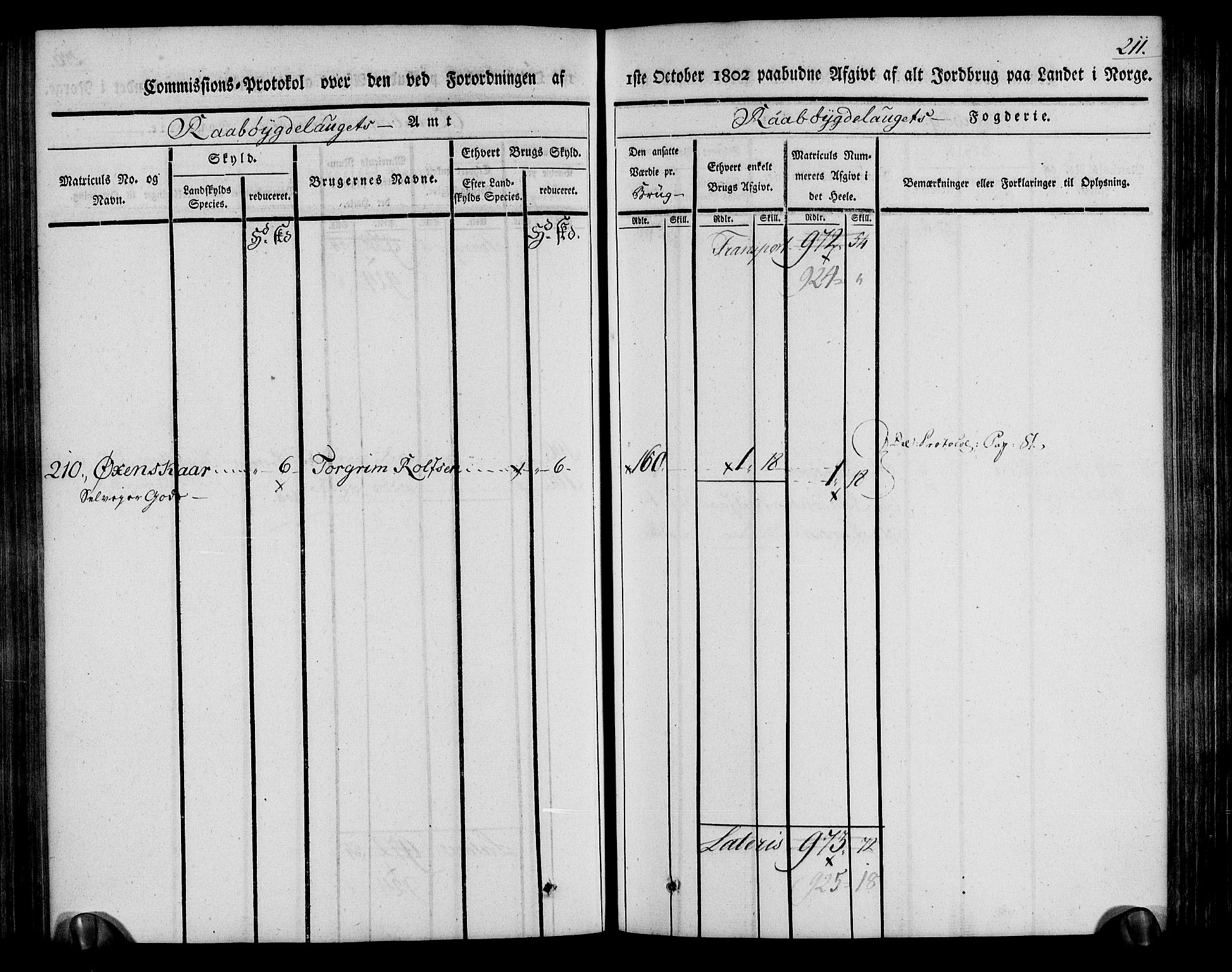 Rentekammeret inntil 1814, Realistisk ordnet avdeling, AV/RA-EA-4070/N/Ne/Nea/L0084: Råbyggelag fogderi. Kommisjonsprotokoll for Vestre Råbyggelagets sorenskriveri, 1803, s. 213