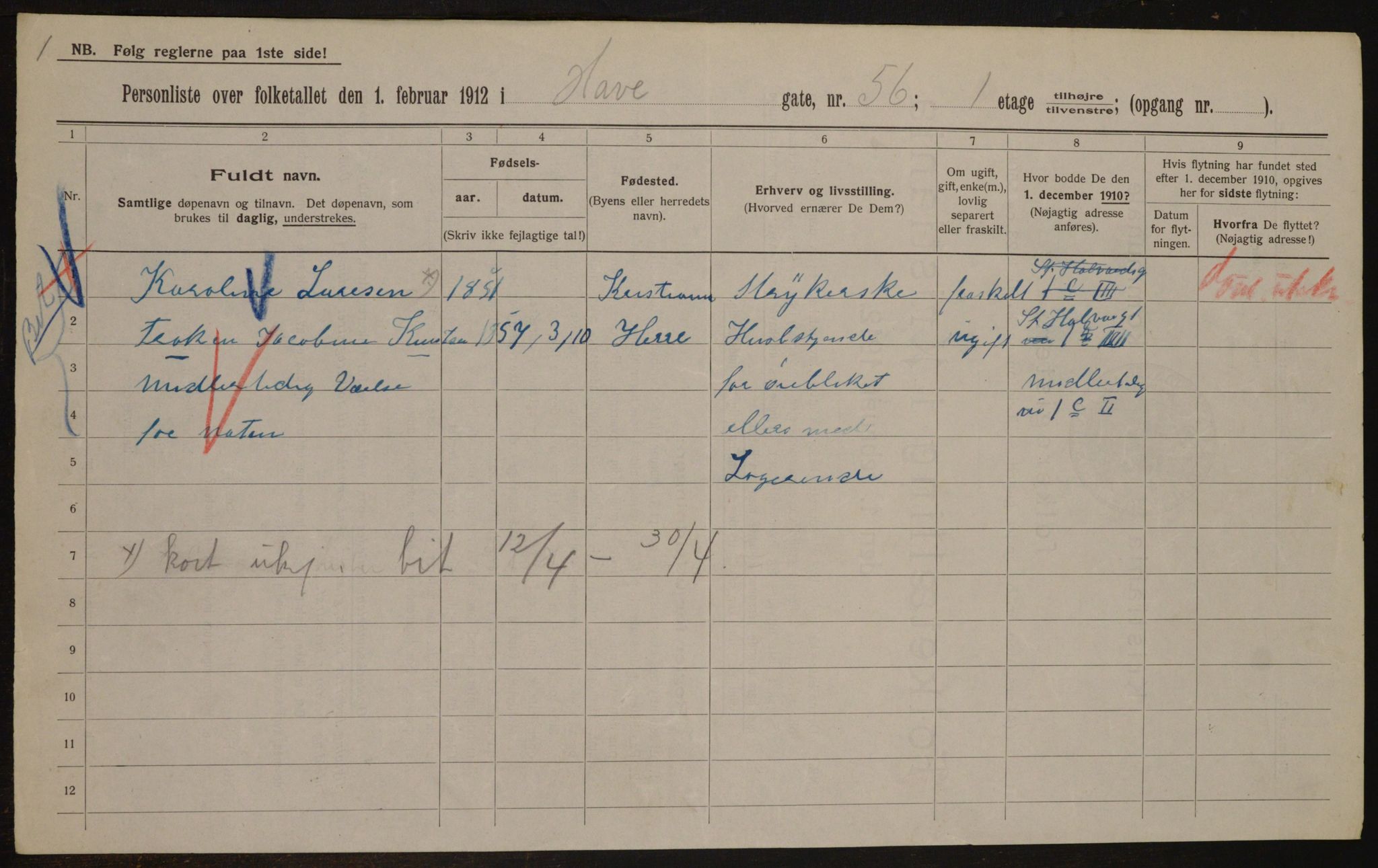 OBA, Kommunal folketelling 1.2.1912 for Kristiania, 1912, s. 34012