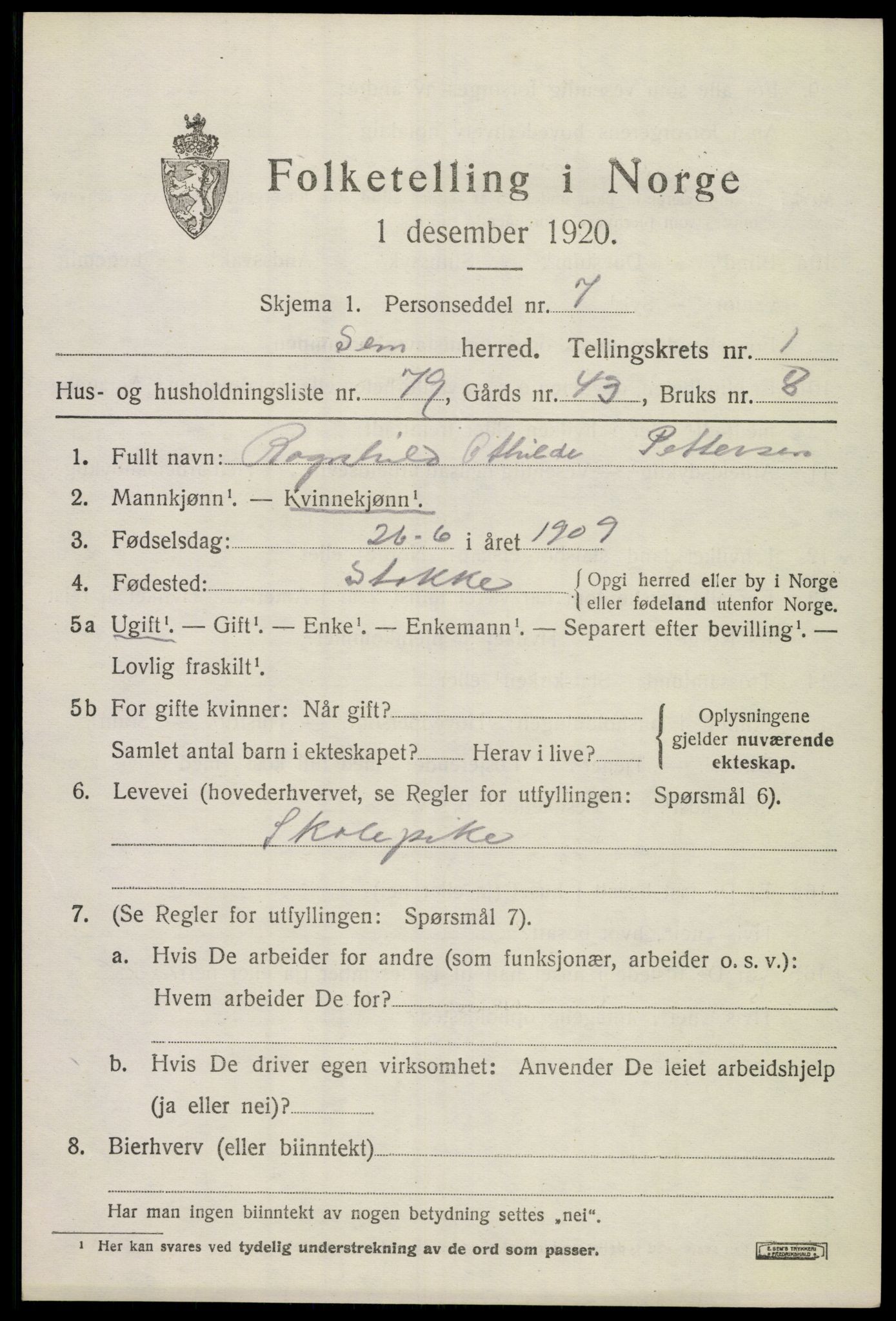 SAKO, Folketelling 1920 for 0721 Sem herred, 1920, s. 3631