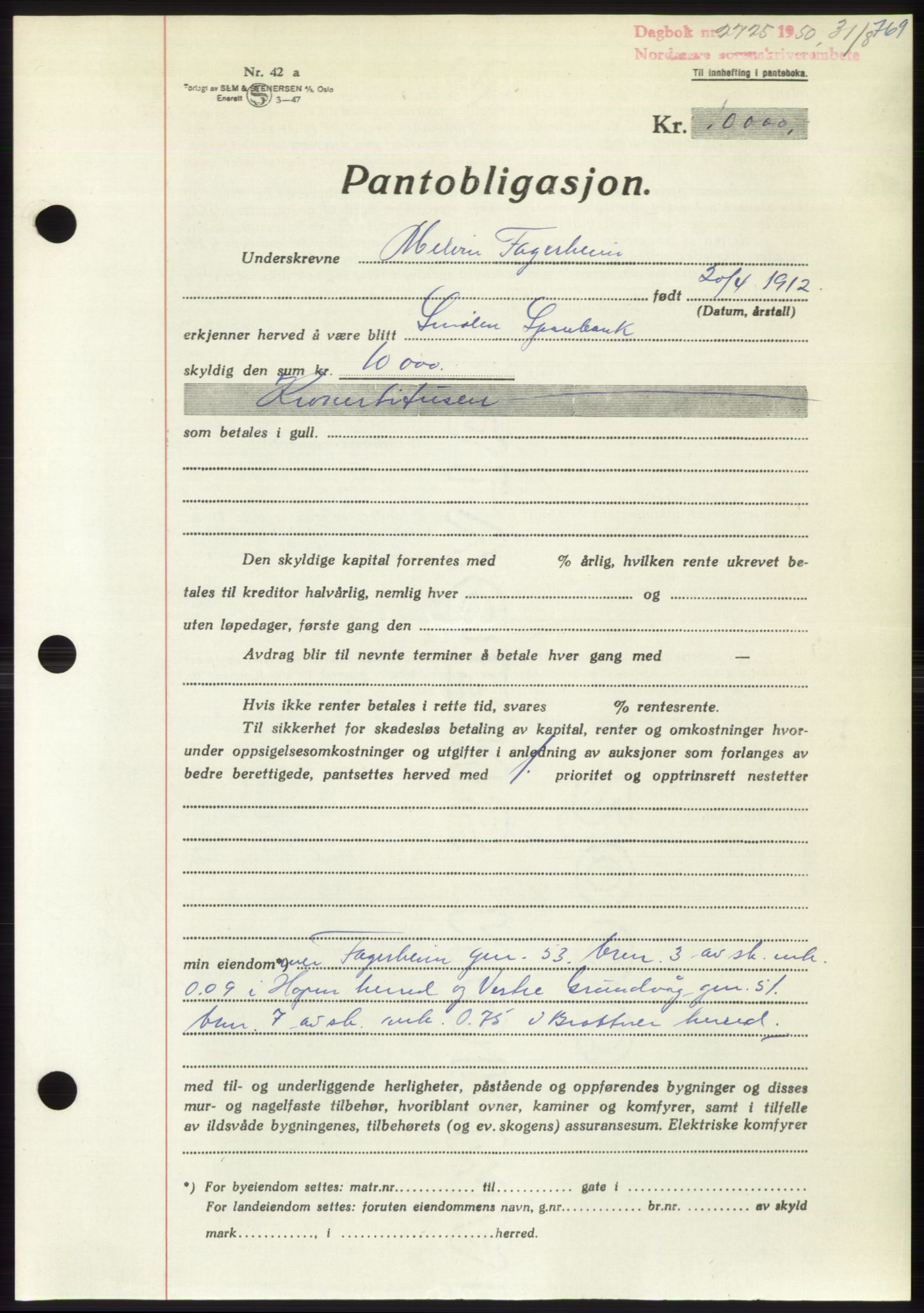 Nordmøre sorenskriveri, AV/SAT-A-4132/1/2/2Ca: Pantebok nr. B105, 1950-1950, Dagboknr: 2725/1950