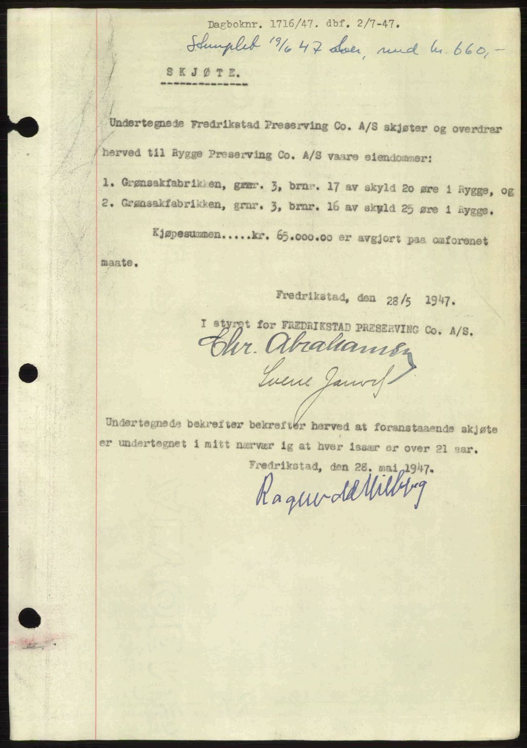 Moss sorenskriveri, SAO/A-10168: Pantebok nr. A17, 1947-1947, Dagboknr: 1716/1947