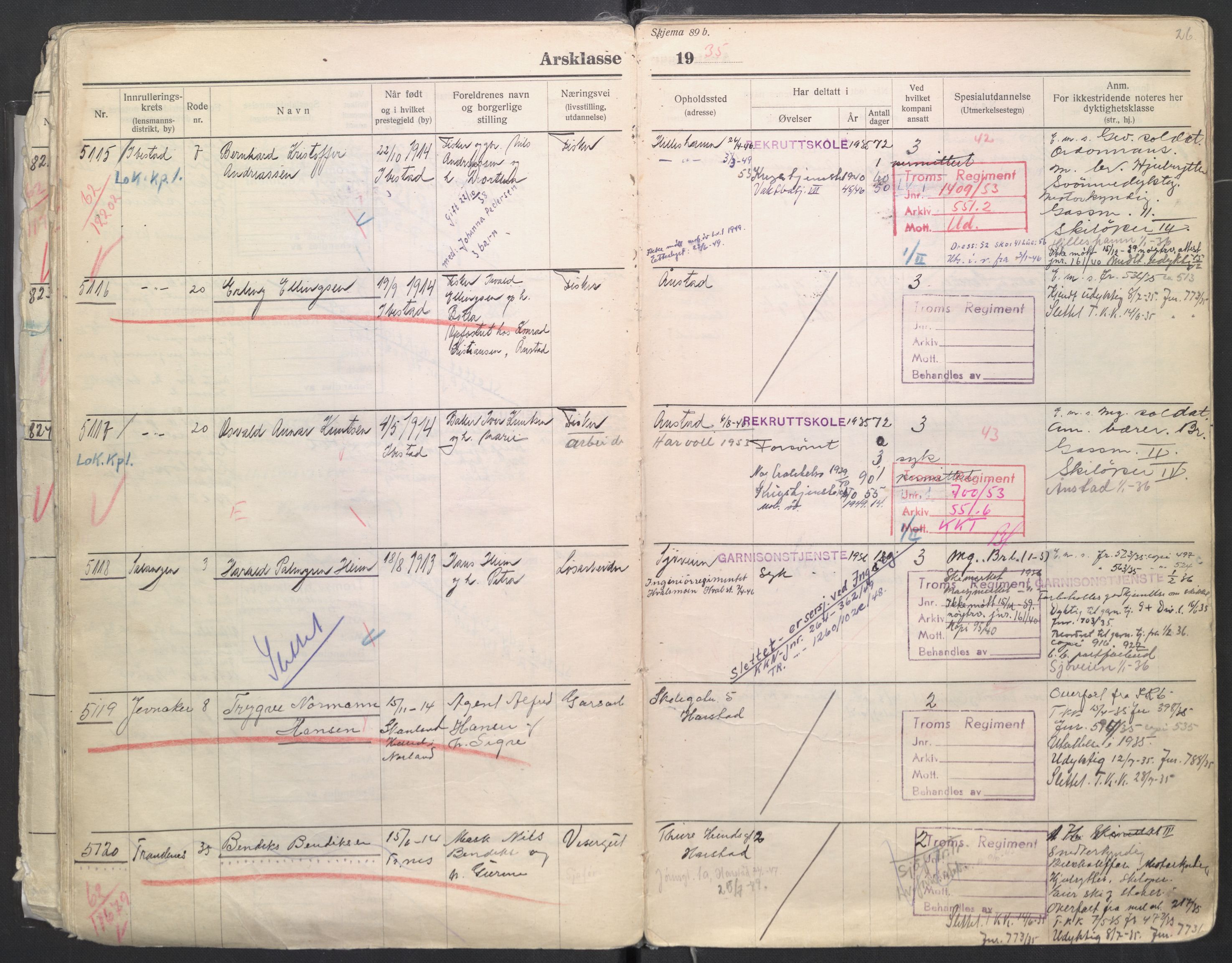 Forsvaret, Troms infanteriregiment nr. 16, AV/RA-RAFA-3146/P/Pa/L0006/0008: Ruller / Rulle for regimentets menige mannskaper, årsklasse 1935, 1935, s. 26