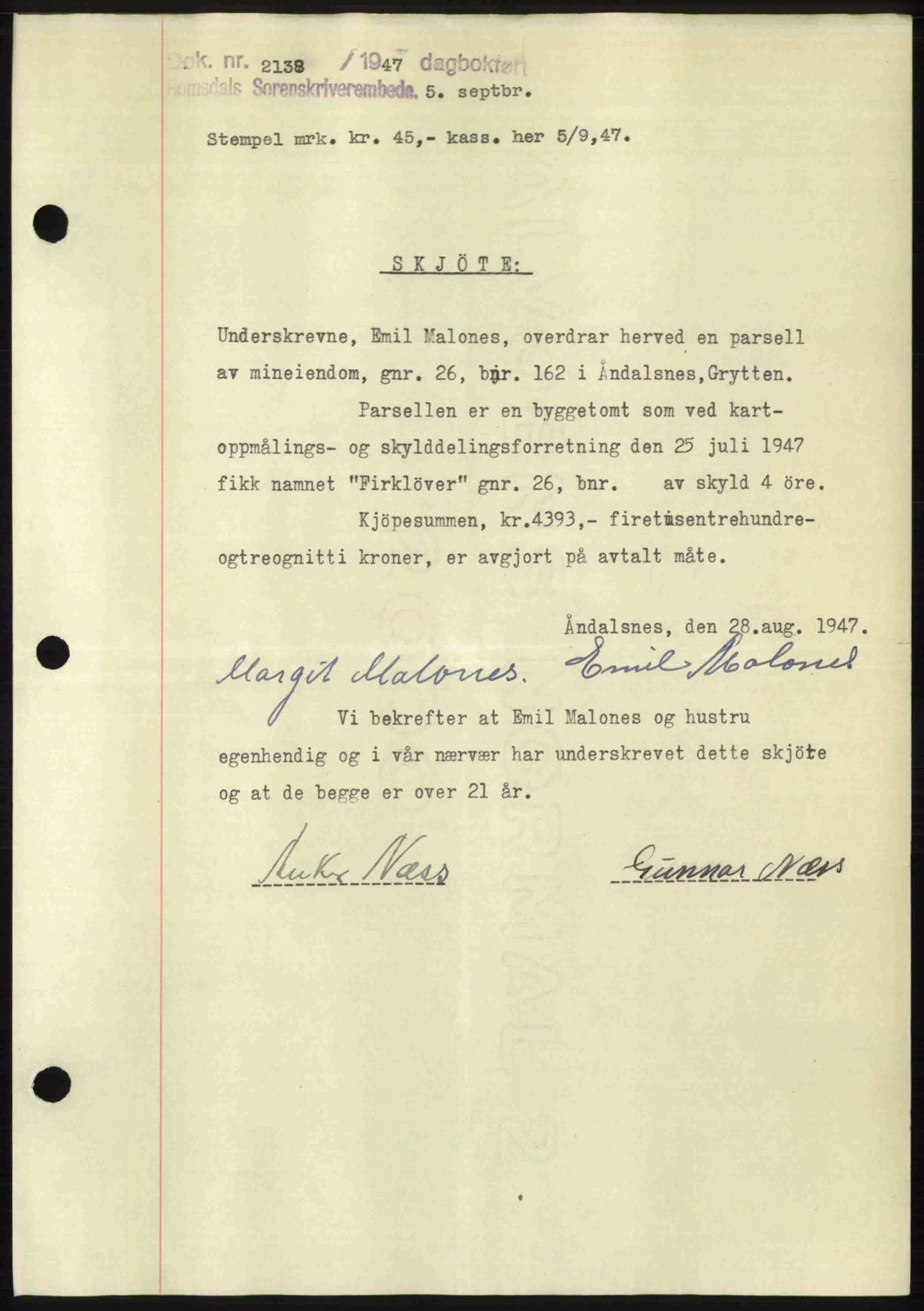 Romsdal sorenskriveri, AV/SAT-A-4149/1/2/2C: Pantebok nr. A24, 1947-1947, Dagboknr: 2138/1947