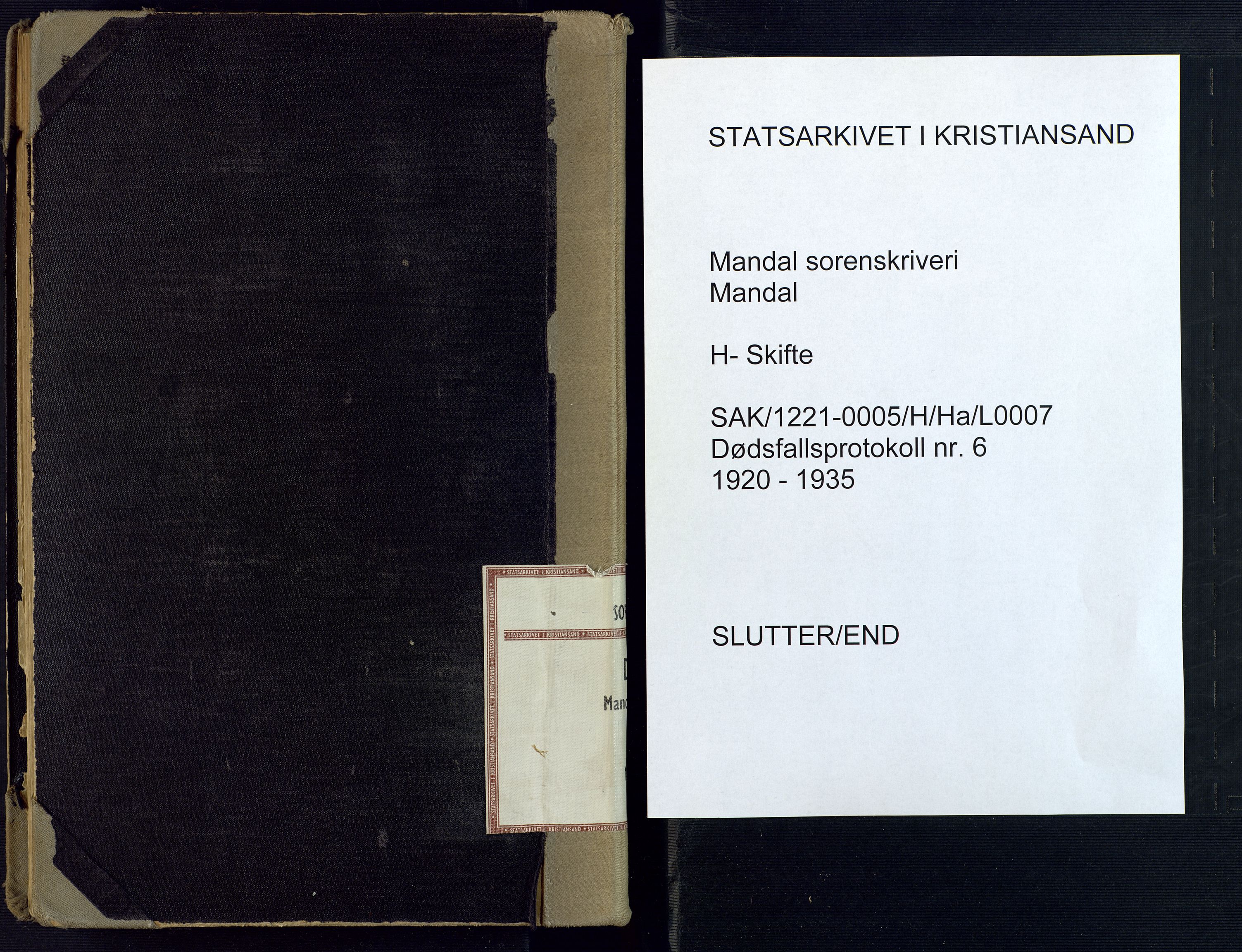 Mandal sorenskriveri, AV/SAK-1221-0005/001/H/Ha/L0007: Dødsfall Mandal prestegjeld nr 6, 1920-1935