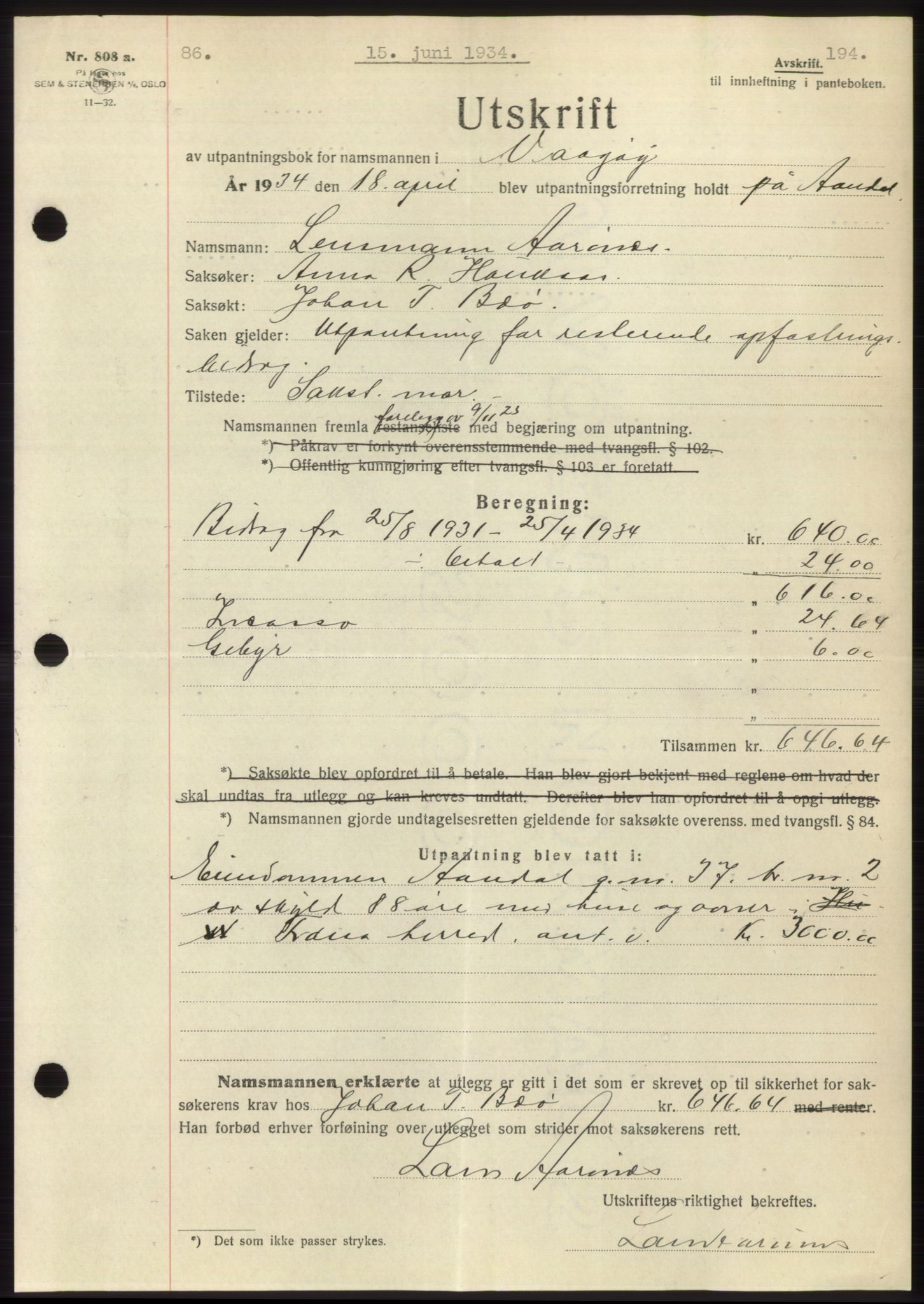 Romsdal sorenskriveri, AV/SAT-A-4149/1/2/2C/L0065: Pantebok nr. 59, 1934-1934, Tingl.dato: 15.06.1934