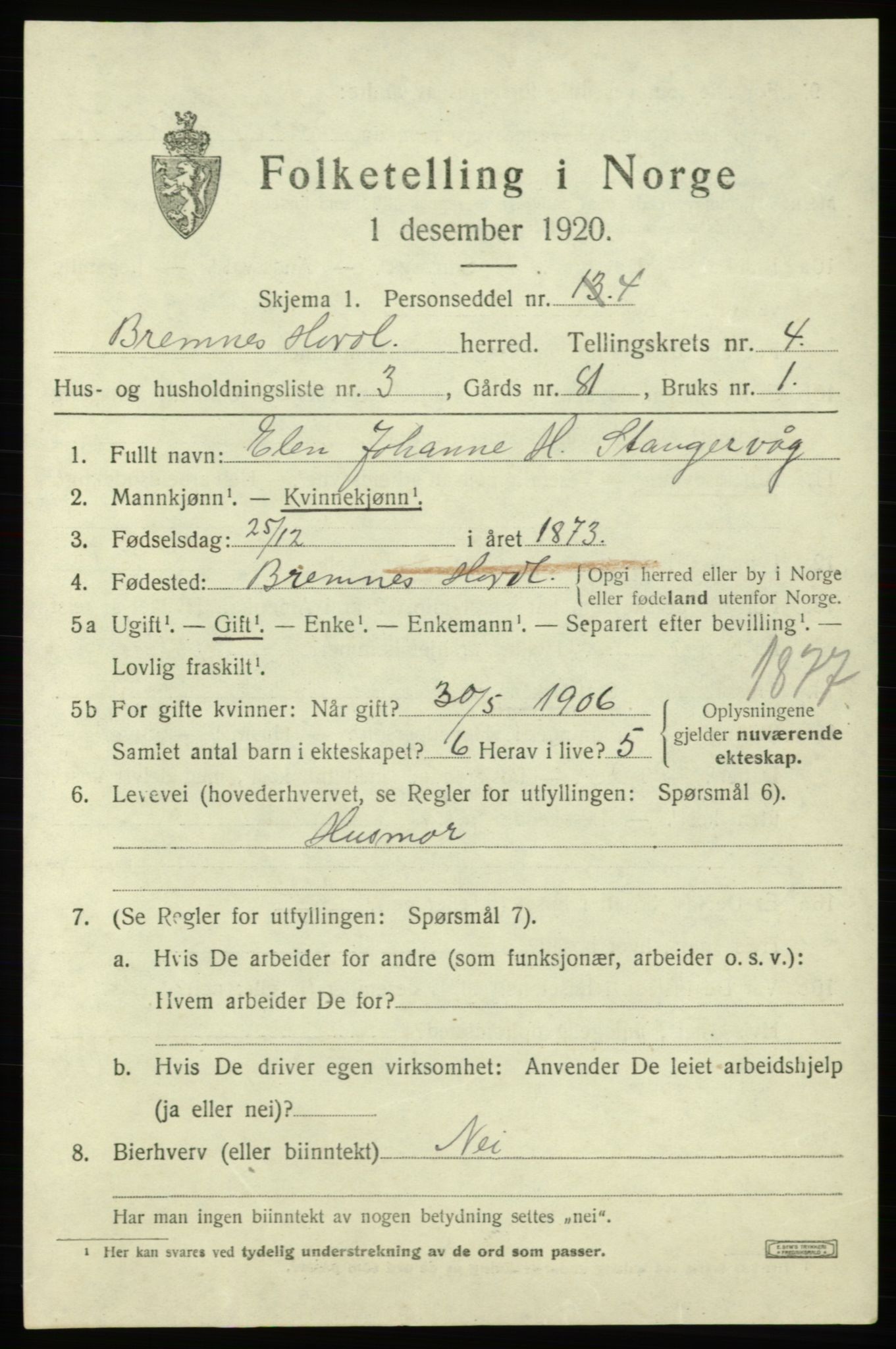 SAB, Folketelling 1920 for 1220 Bremnes herred, 1920, s. 1830