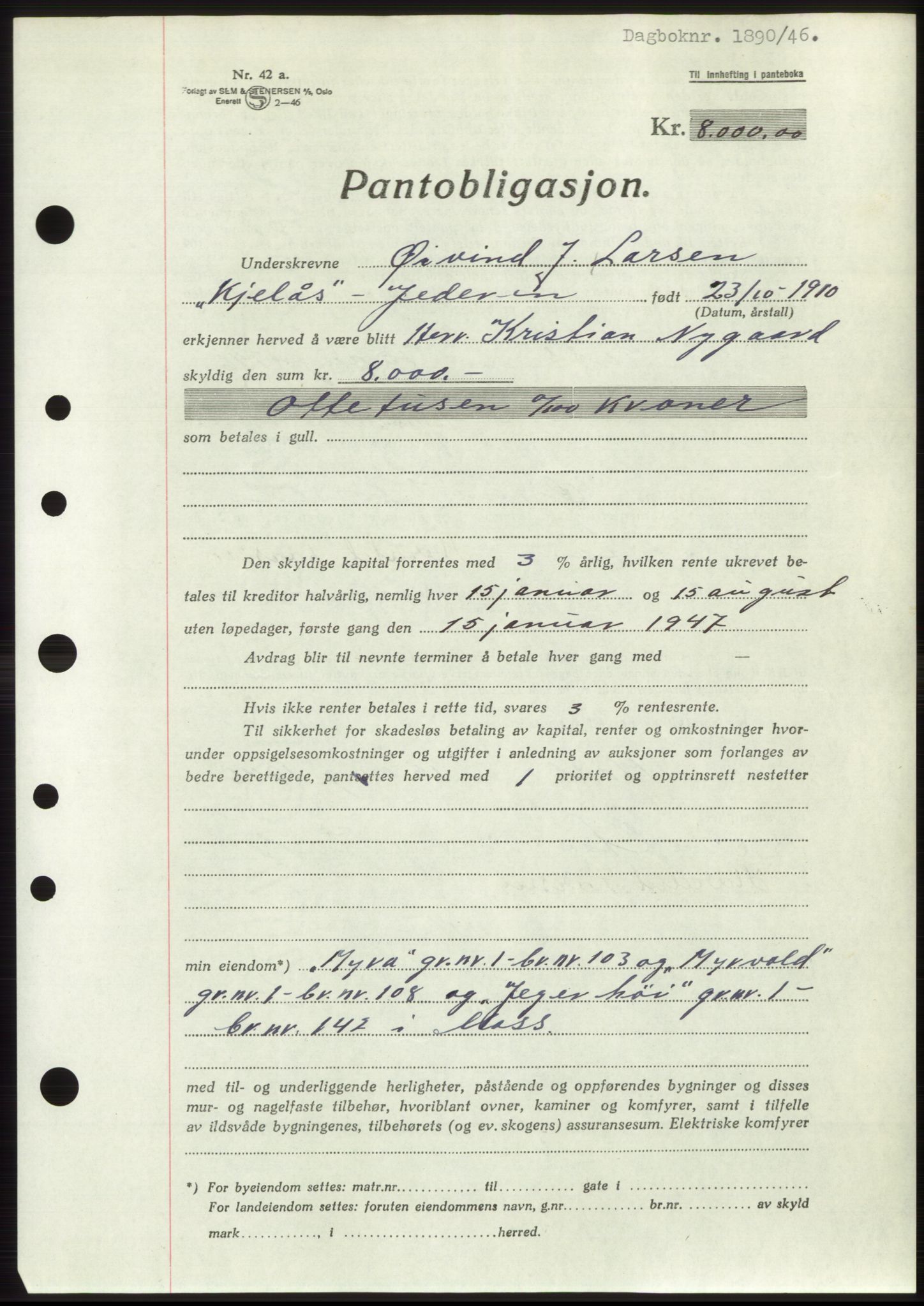 Moss sorenskriveri, SAO/A-10168: Pantebok nr. B15, 1946-1946, Dagboknr: 1890/1946