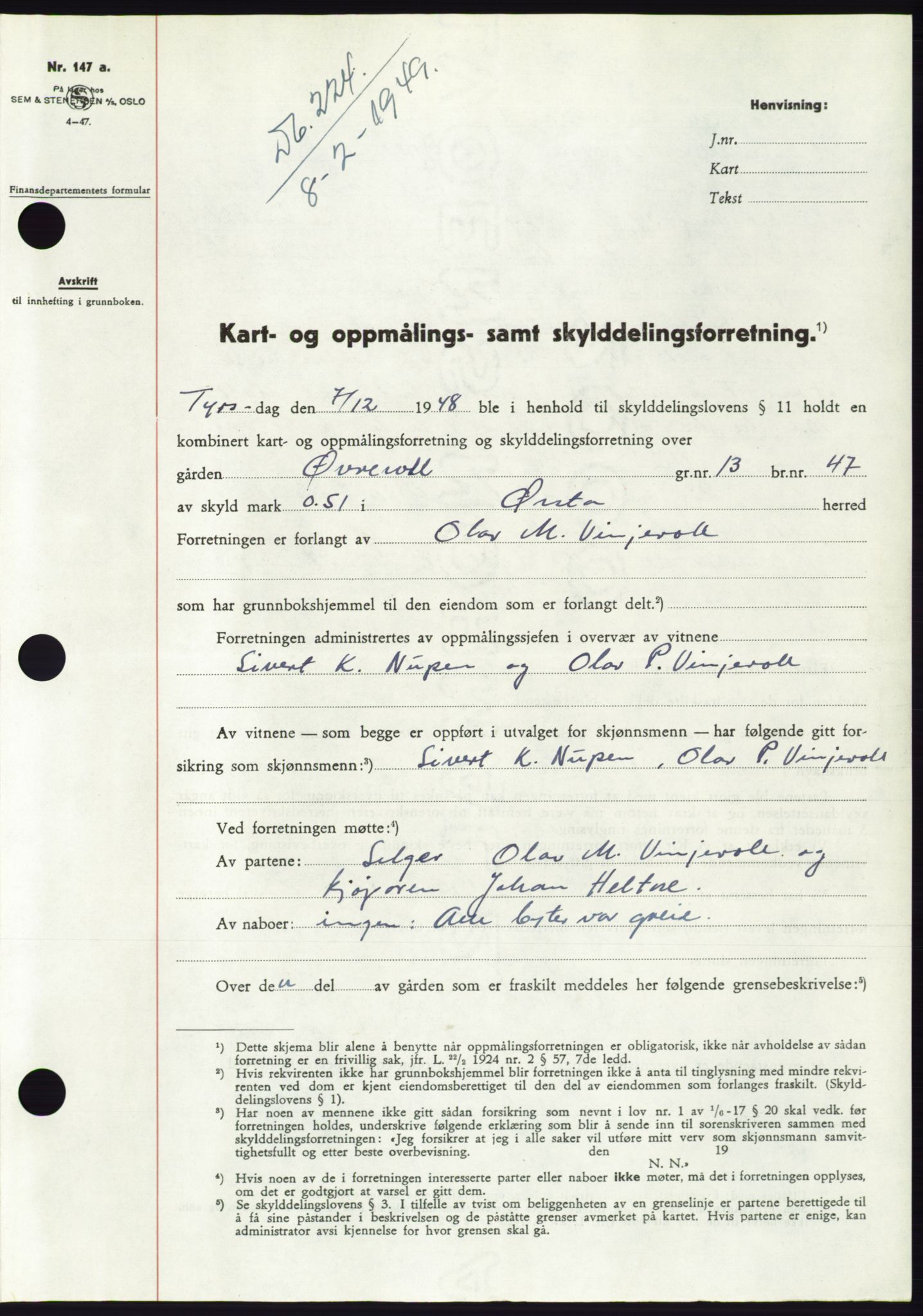 Søre Sunnmøre sorenskriveri, SAT/A-4122/1/2/2C/L0084: Pantebok nr. 10A, 1949-1949, Dagboknr: 224/1949