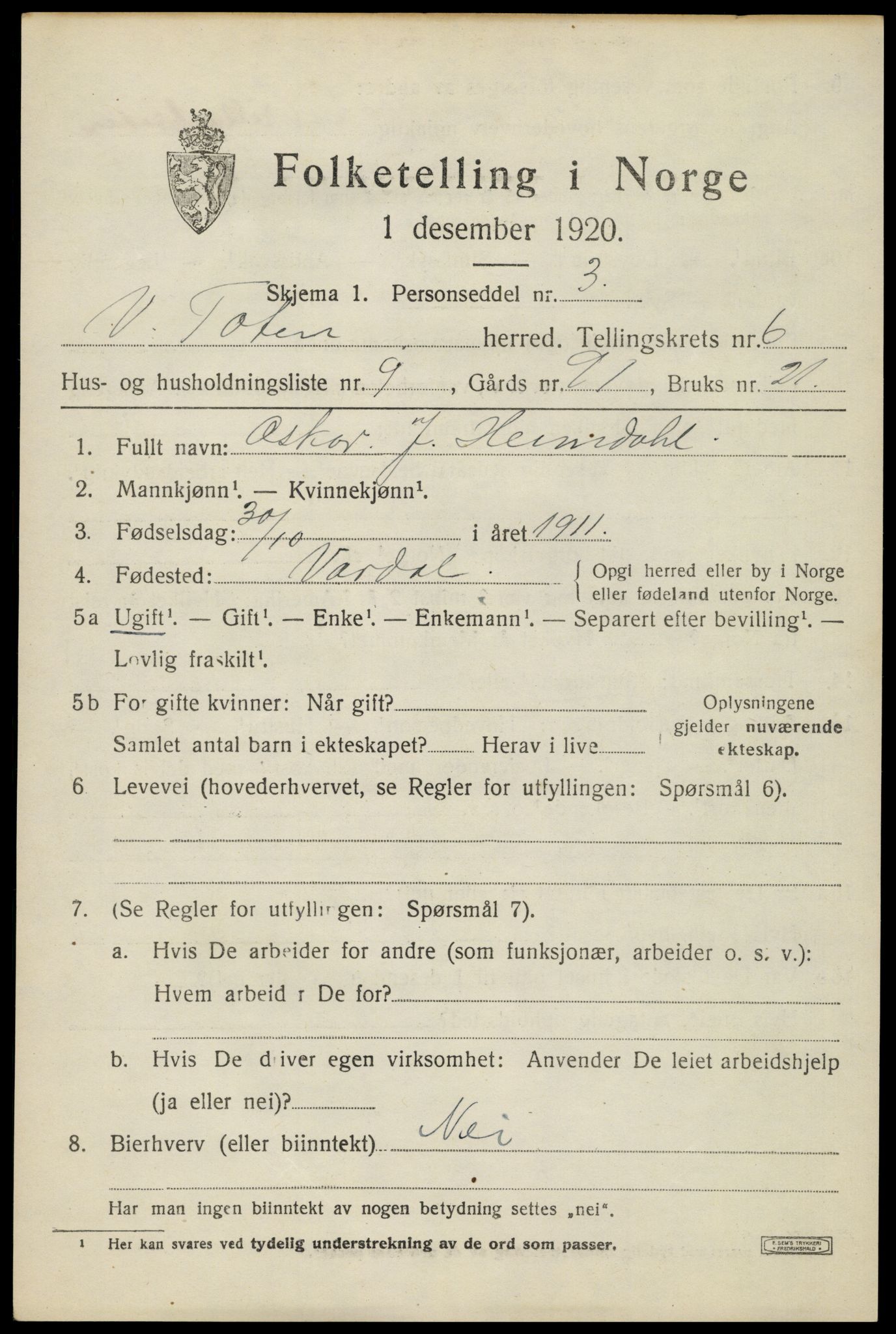 SAH, Folketelling 1920 for 0529 Vestre Toten herred, 1920, s. 8260