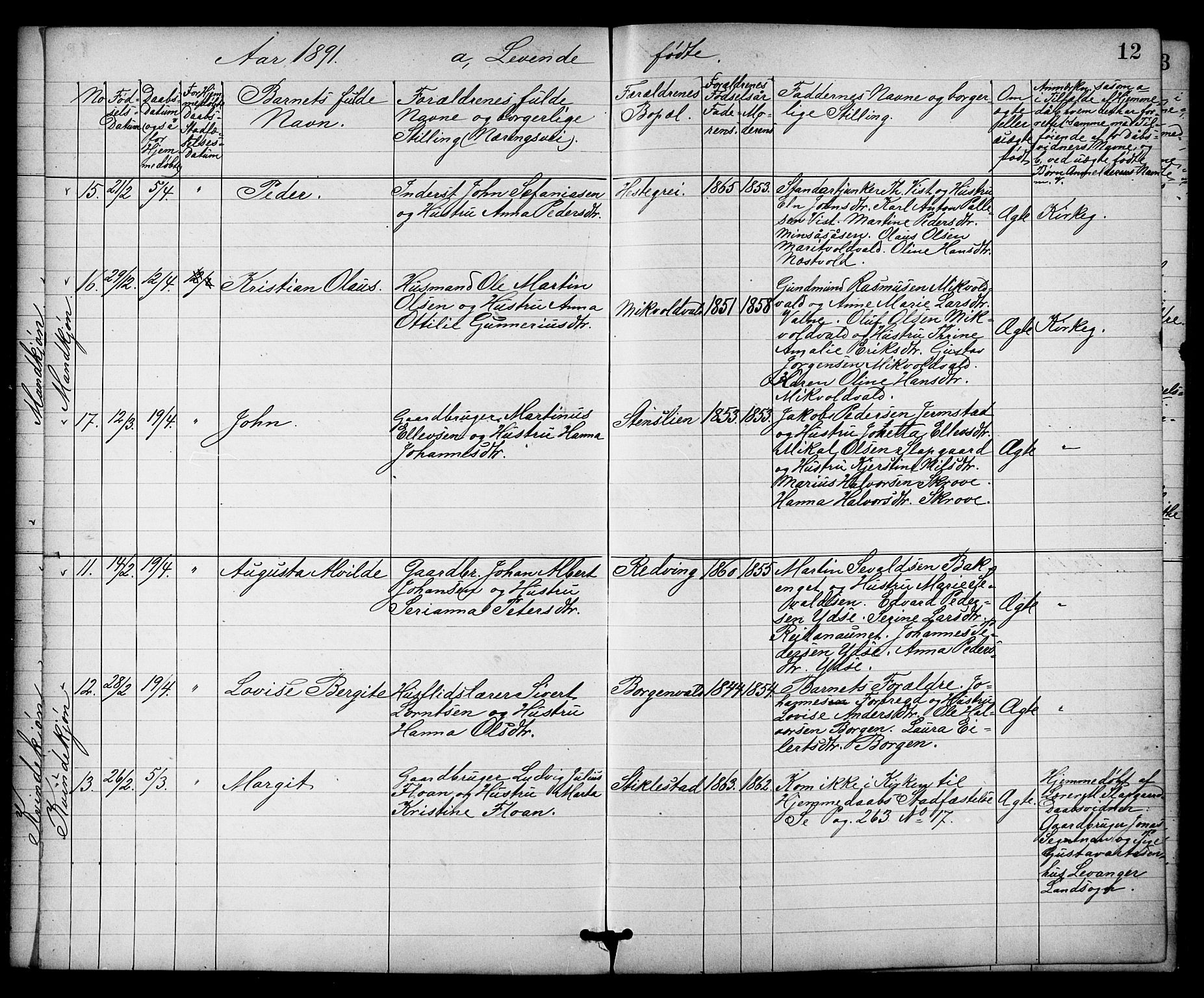 Ministerialprotokoller, klokkerbøker og fødselsregistre - Nord-Trøndelag, AV/SAT-A-1458/723/L0257: Klokkerbok nr. 723C05, 1890-1907, s. 12