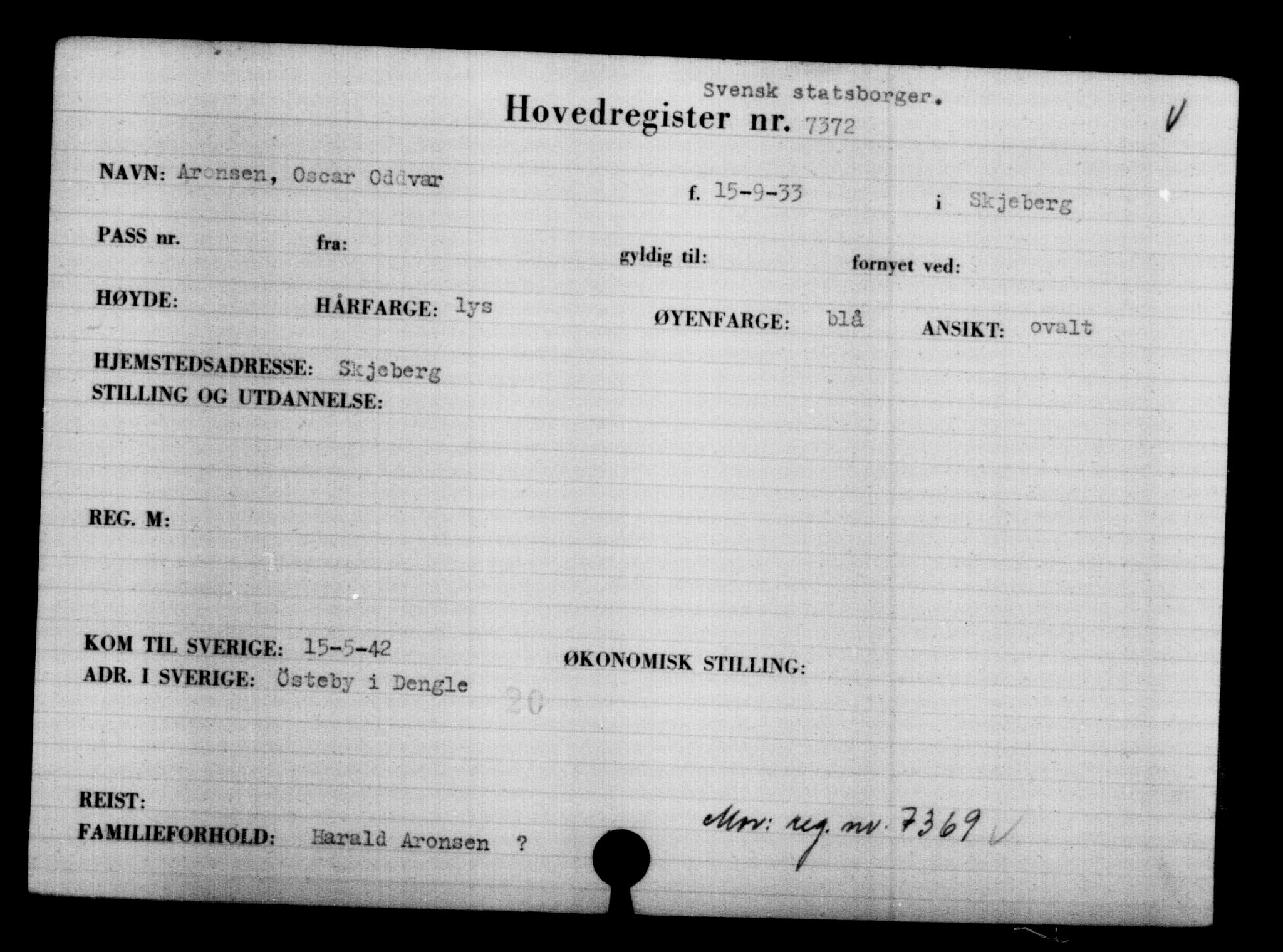 Utenriksstasjonene, Legasjonen i Stockholm, Flyktningkontoret, AV/RA-S-6753/V/Va/L0005: Kjesäterkartoteket, flyktning nr. 6600-9417, 1940-1945, s. 907