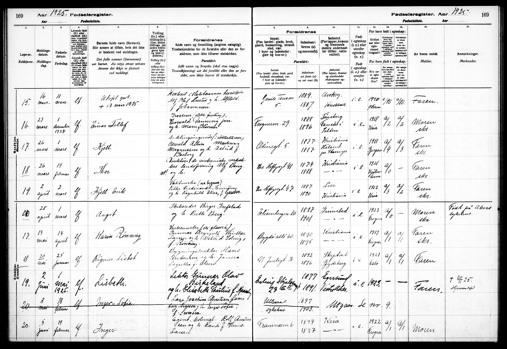 Frogner prestekontor Kirkebøker, AV/SAO-A-10886/J/Ja/L0001: Fødselsregister nr. 1, 1916-1927, s. 169