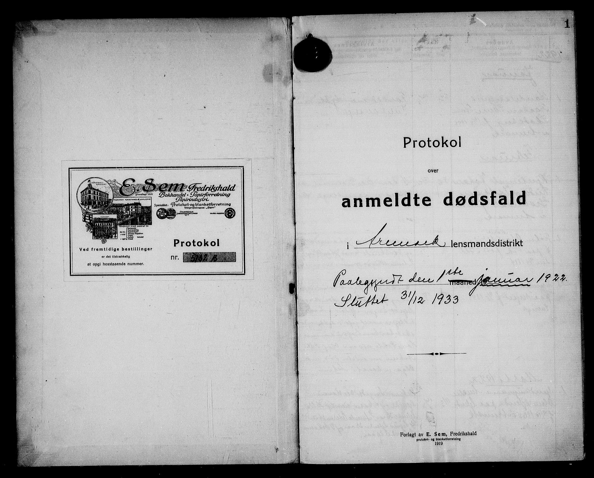 Aremark lensmannskontor, SAO/A-10631/H/Ha/L0004: Dødsfallsprotokoll, 1922-1933, s. 1