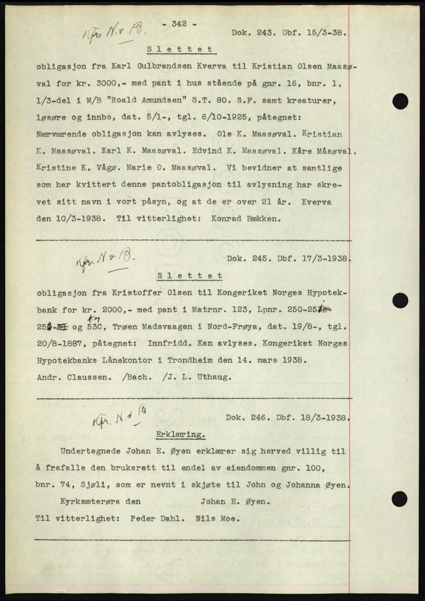 Hitra sorenskriveri, AV/SAT-A-0018/2/2C/2Ca: Pantebok nr. C1, 1936-1945, Dagboknr: 243/1938