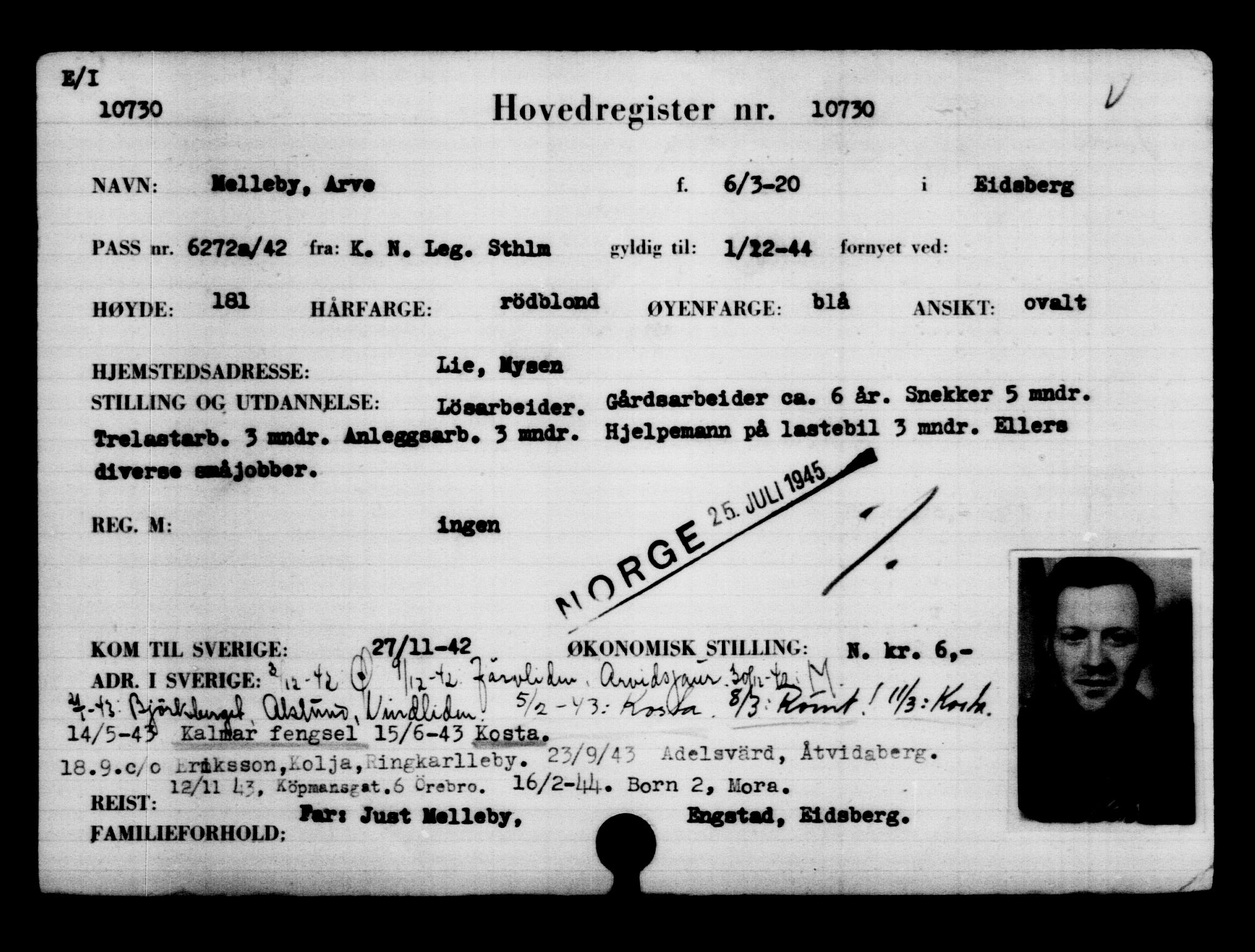 Utenriksstasjonene, Legasjonen i Stockholm, Flyktningkontoret, AV/RA-S-6753/V/Va/L0006: Kjesäterkartoteket, flyktninger med registreringsnr. 9400-12711, 1940-1945, s. 1533