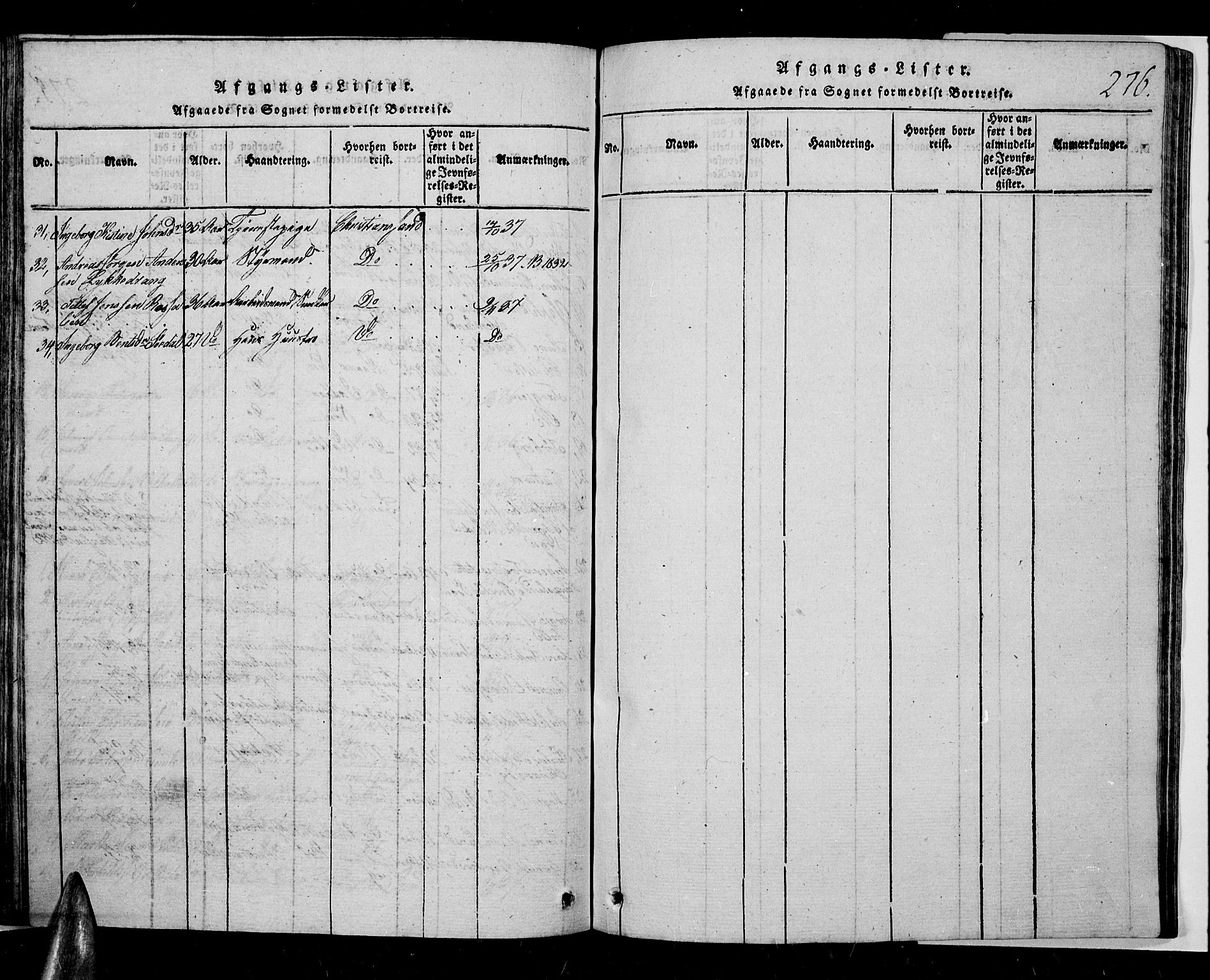 Oddernes sokneprestkontor, SAK/1111-0033/F/Fb/Fba/L0003: Klokkerbok nr. B 3, 1820-1838, s. 276