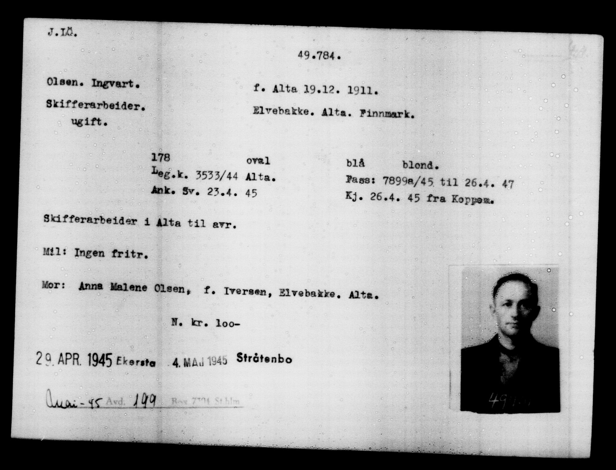 Utenriksstasjonene, Legasjonen i Stockholm, Flyktningkontoret, AV/RA-S-6753/V/Va/L0019: Kjesäterkartoteket, flyktninger med registreringsnr. 49600-55060, 1940-1945, s. 196