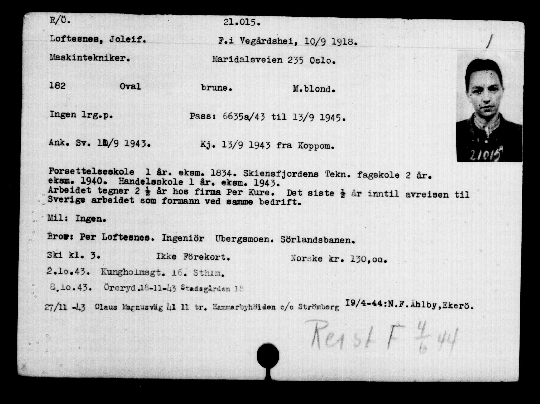 Utenriksstasjonene, Legasjonen i Stockholm, Flyktningkontoret, AV/RA-S-6753/V/Va/L0009: Kjesäterkartoteket, flyktninger med registreringsnr. 18502-22048, 1940-1945, s. 2006