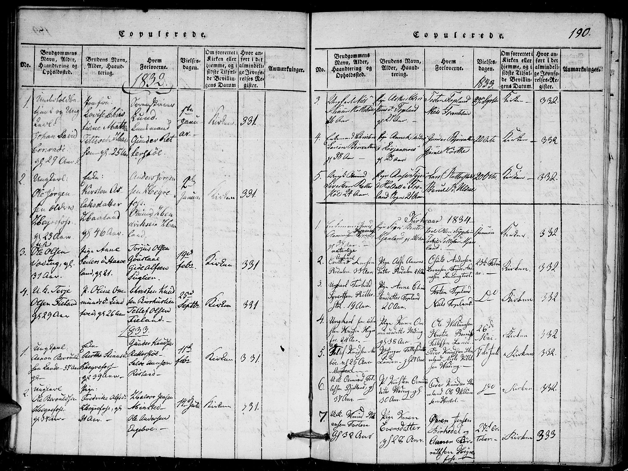 Herefoss sokneprestkontor, SAK/1111-0019/F/Fa/Faa/L0001: Ministerialbok nr. A 1, 1816-1860, s. 190