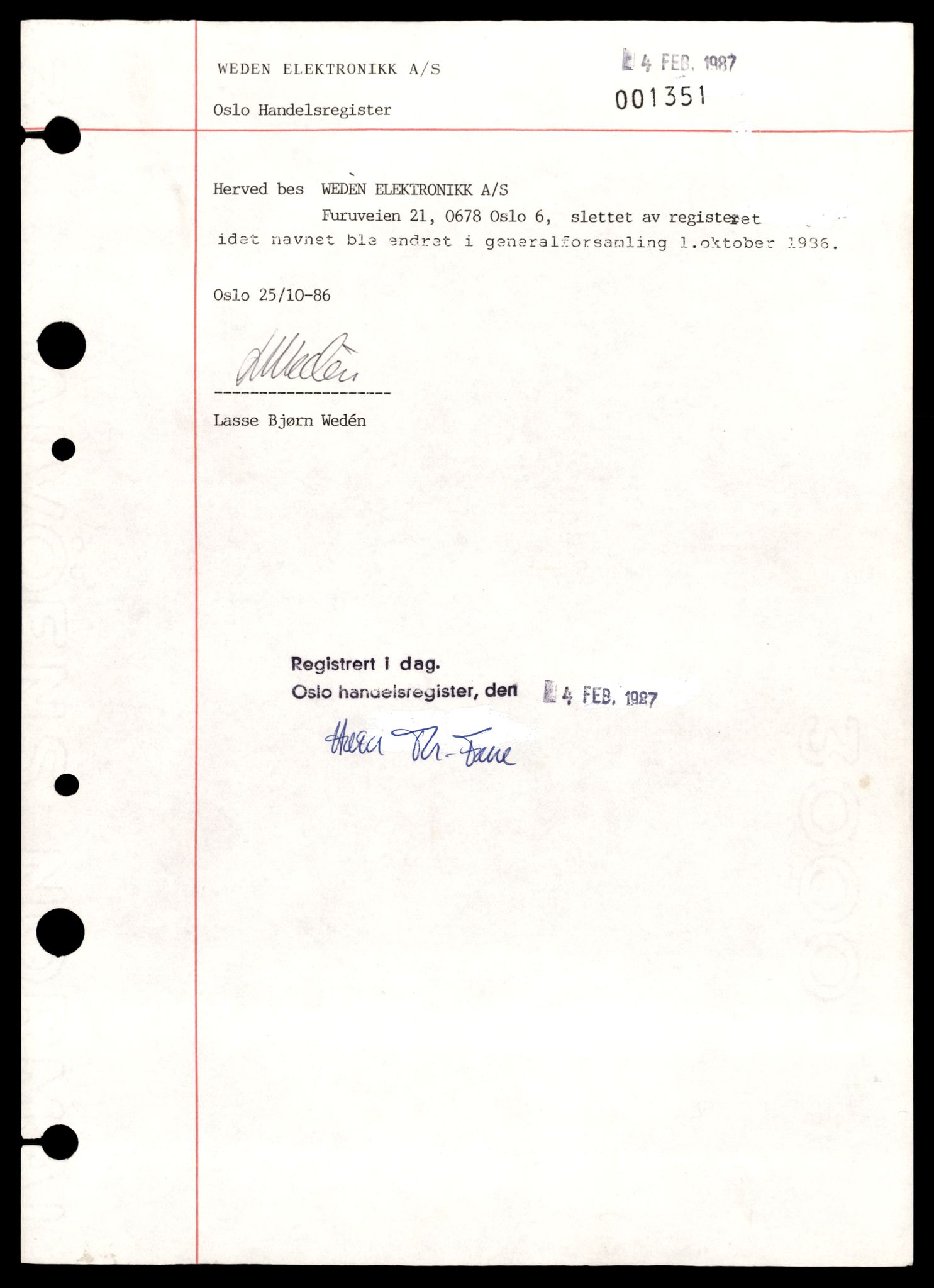 Oslo byfogd, Handelsregisteret, AV/SAT-A-10867/G/Gb/Gbb/L0103: Registreringsmeldinger, Ve-Ø, 1987, s. 1