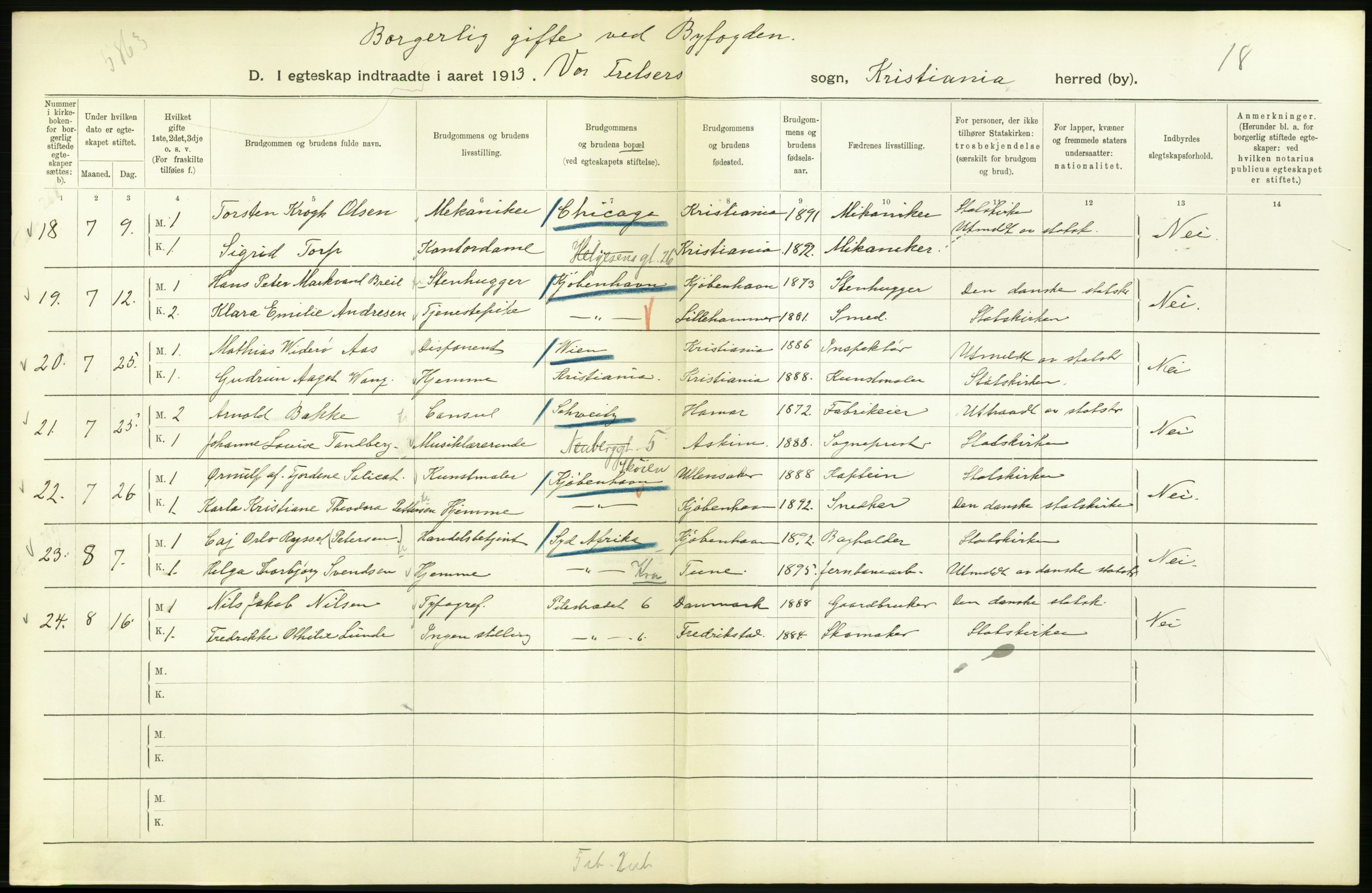 Statistisk sentralbyrå, Sosiodemografiske emner, Befolkning, AV/RA-S-2228/D/Df/Dfb/Dfbc/L0008: Kristiania: Gifte., 1913, s. 762