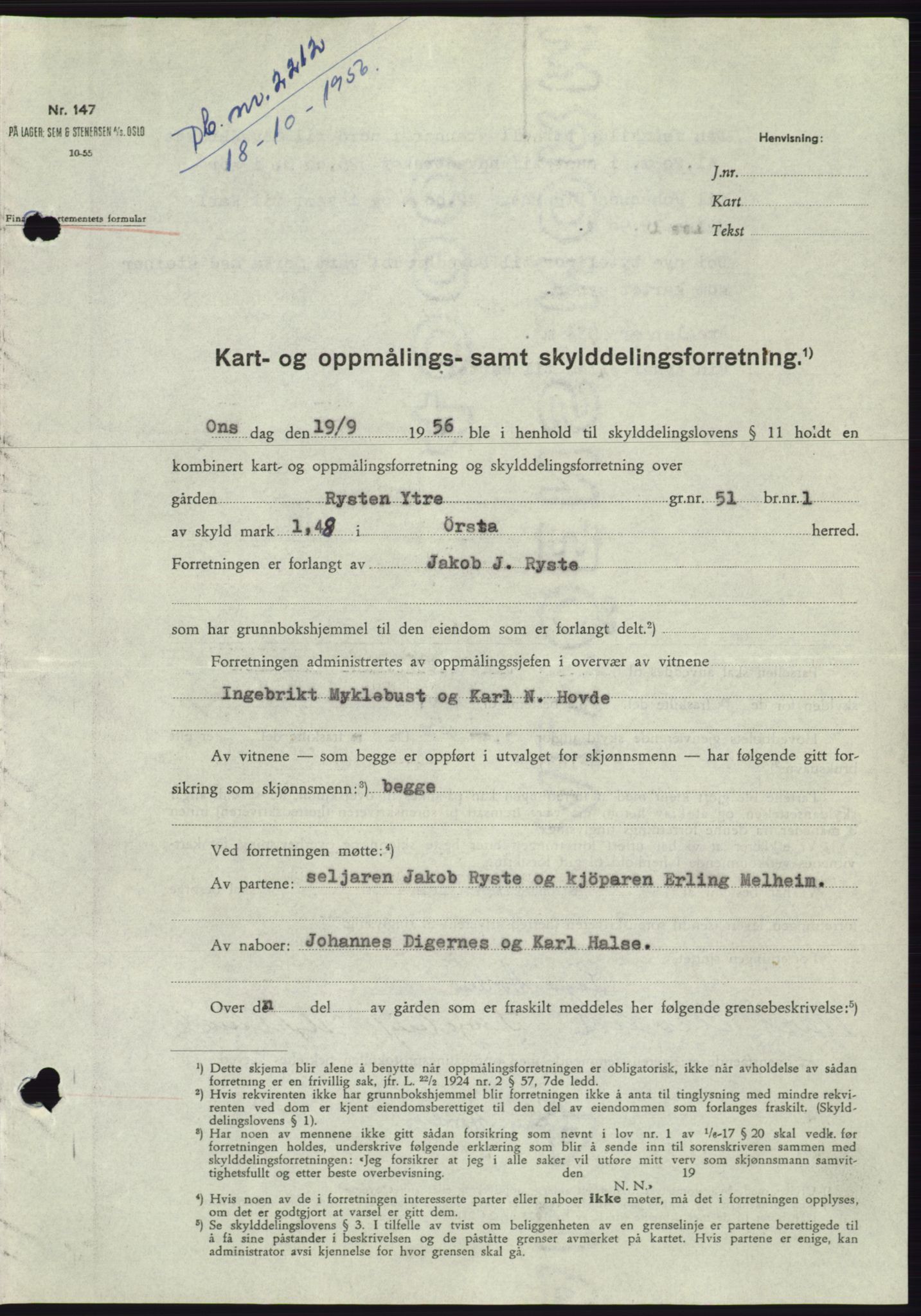 Søre Sunnmøre sorenskriveri, AV/SAT-A-4122/1/2/2C/L0104: Pantebok nr. 30A, 1956-1956, Dagboknr: 2212/1956