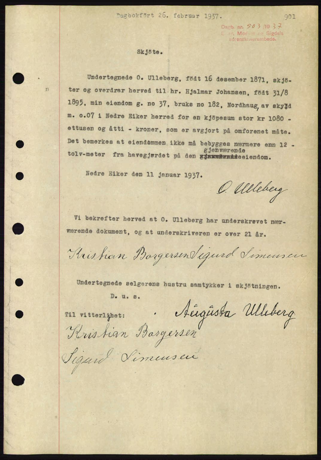Eiker, Modum og Sigdal sorenskriveri, SAKO/A-123/G/Ga/Gab/L0034: Pantebok nr. A4, 1936-1937, Dagboknr: 503/1937
