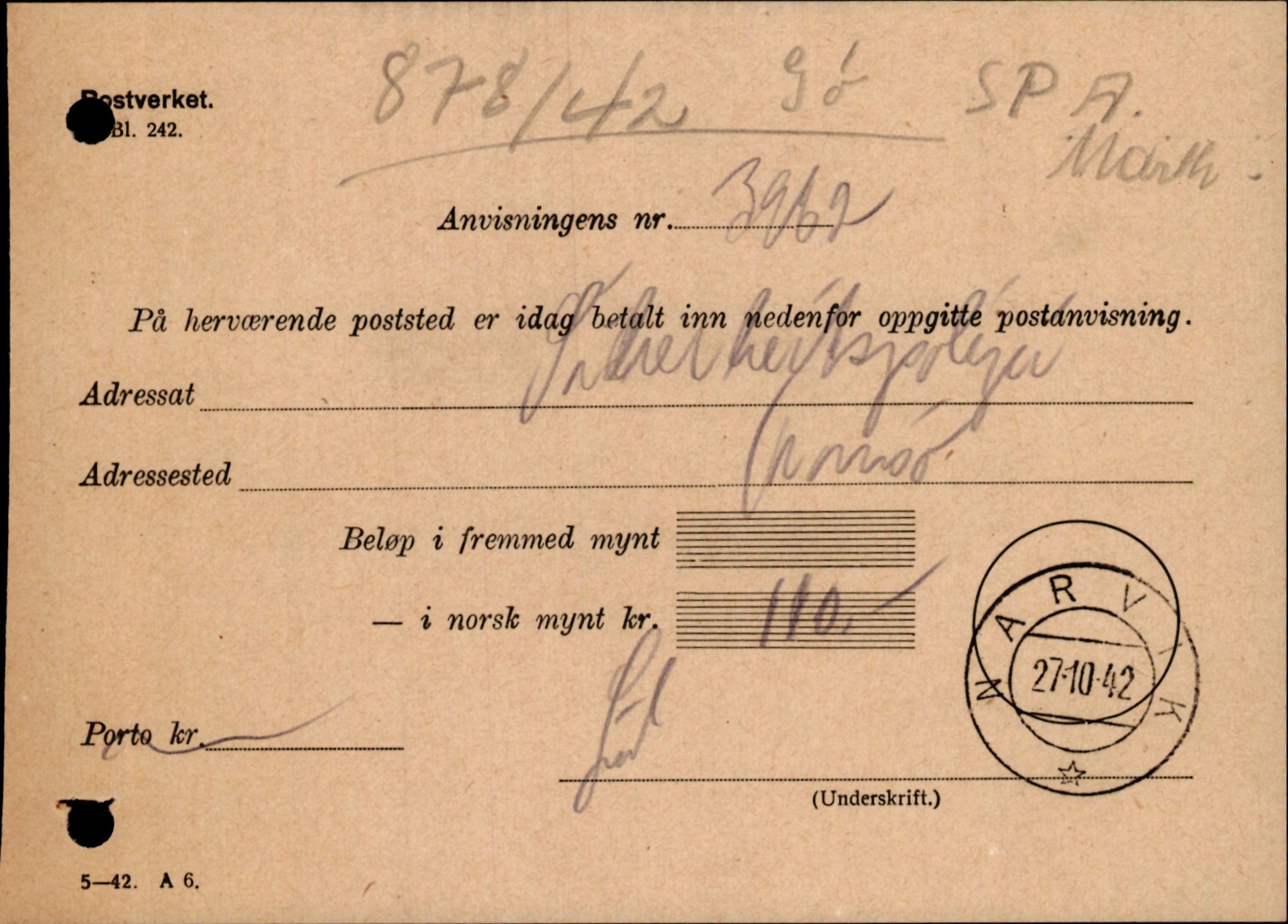 Forsvarets Overkommando. 2 kontor. Arkiv 11.4. Spredte tyske arkivsaker, AV/RA-RAFA-7031/D/Dar/Darc/L0003: Sicherheitspolizei (Sipo) i Narvik, 1941-1942, s. 1277