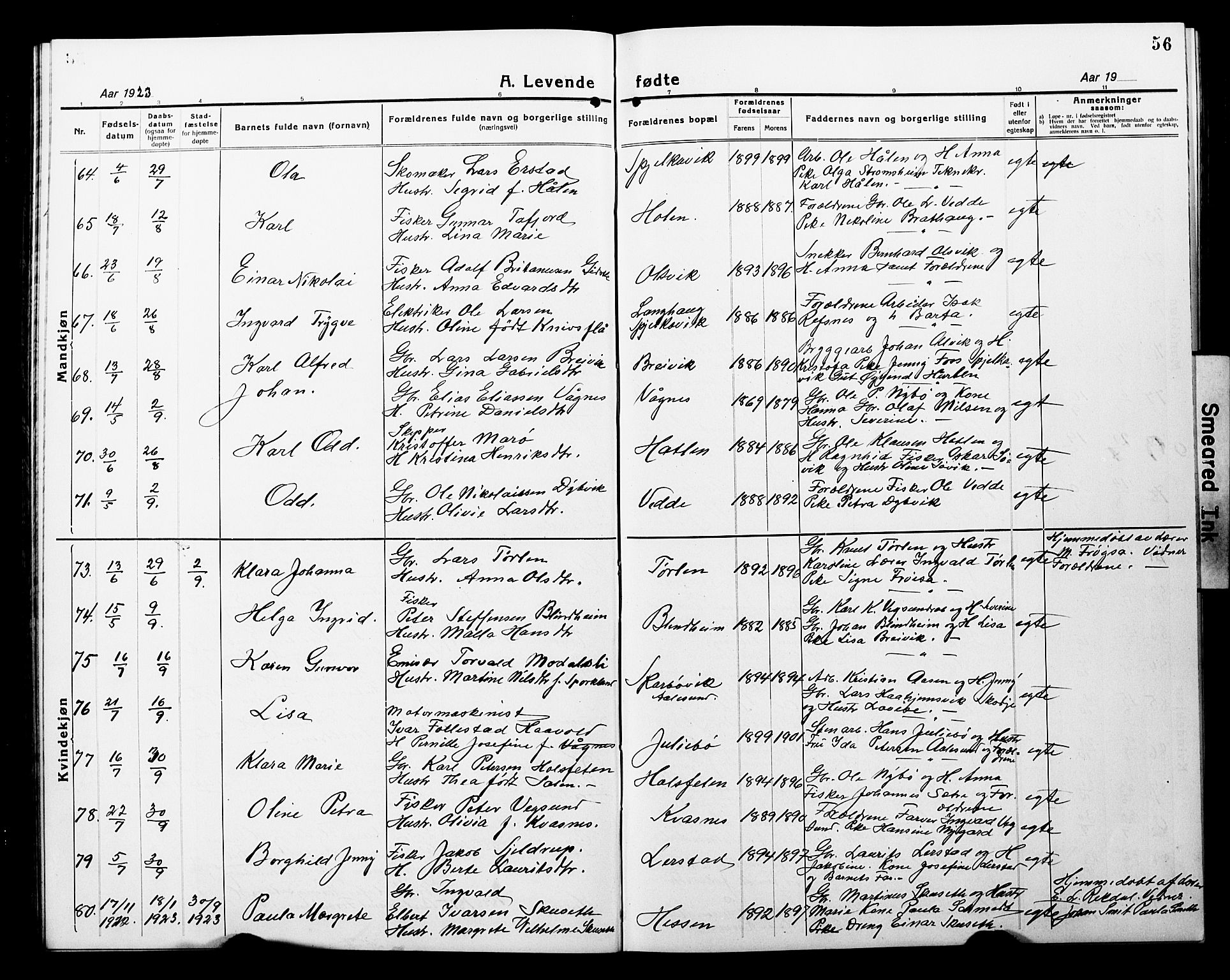 Ministerialprotokoller, klokkerbøker og fødselsregistre - Møre og Romsdal, AV/SAT-A-1454/528/L0434: Klokkerbok nr. 528C15, 1919-1927, s. 56