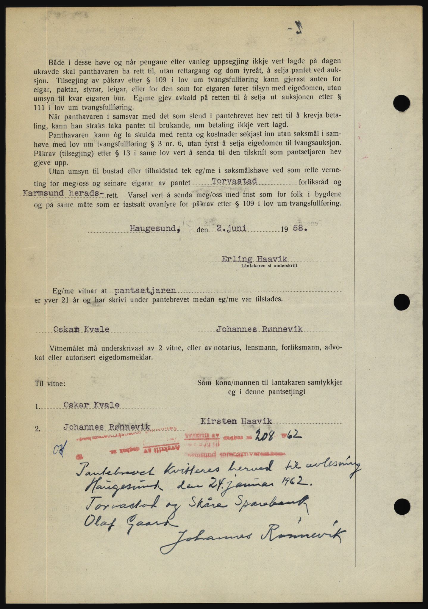 Karmsund sorenskriveri, AV/SAST-A-100311/01/II/IIBBE/L0041: Pantebok nr. B 87, 1958-1958, Dagboknr: 1254/1958