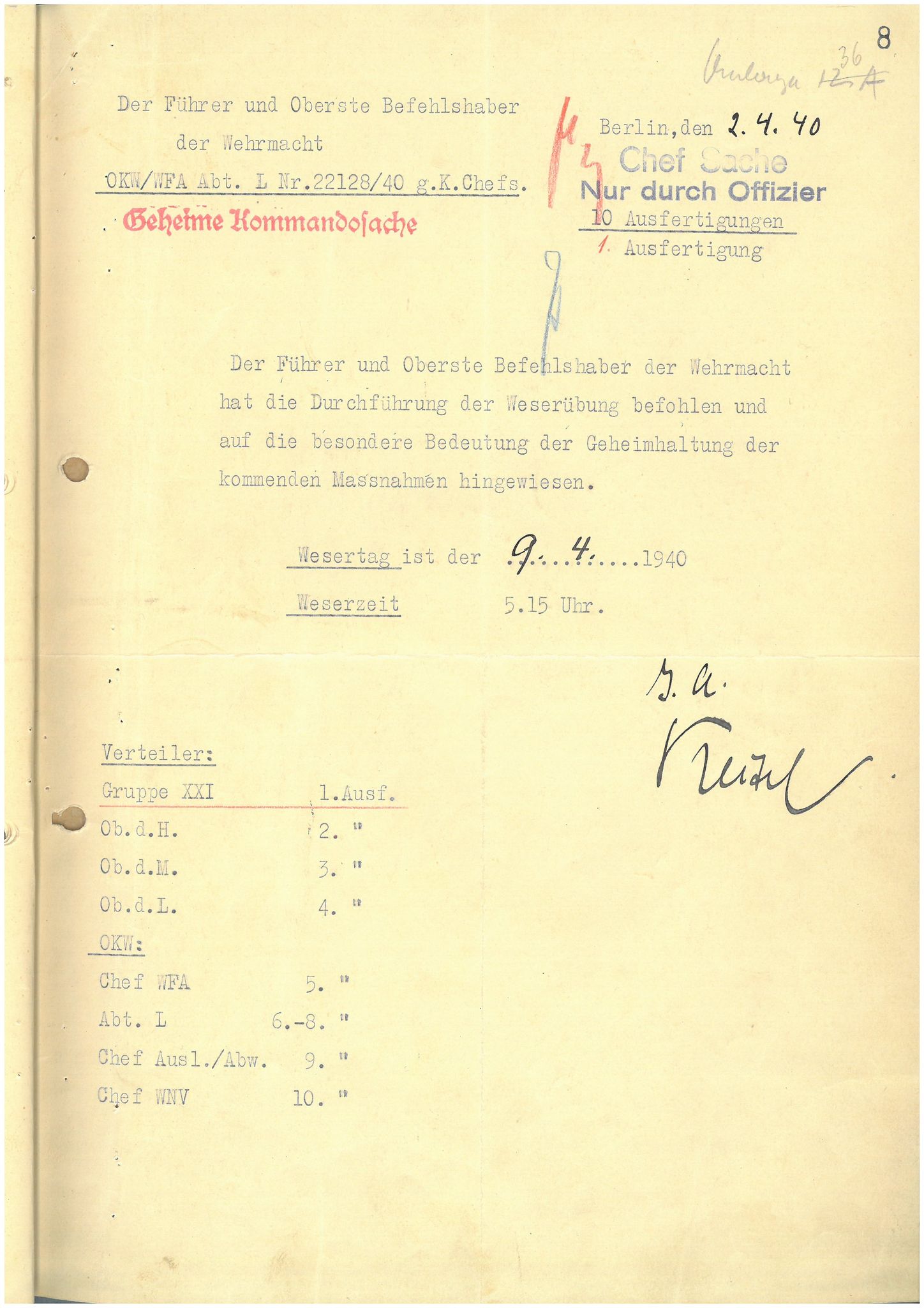 RH 24-21 (XXI. Armeekorps / XXI. Gebirgs-Armeekorps), BARCH/-//23: Weisung für "Fall Weserübung", 1940, s. 8