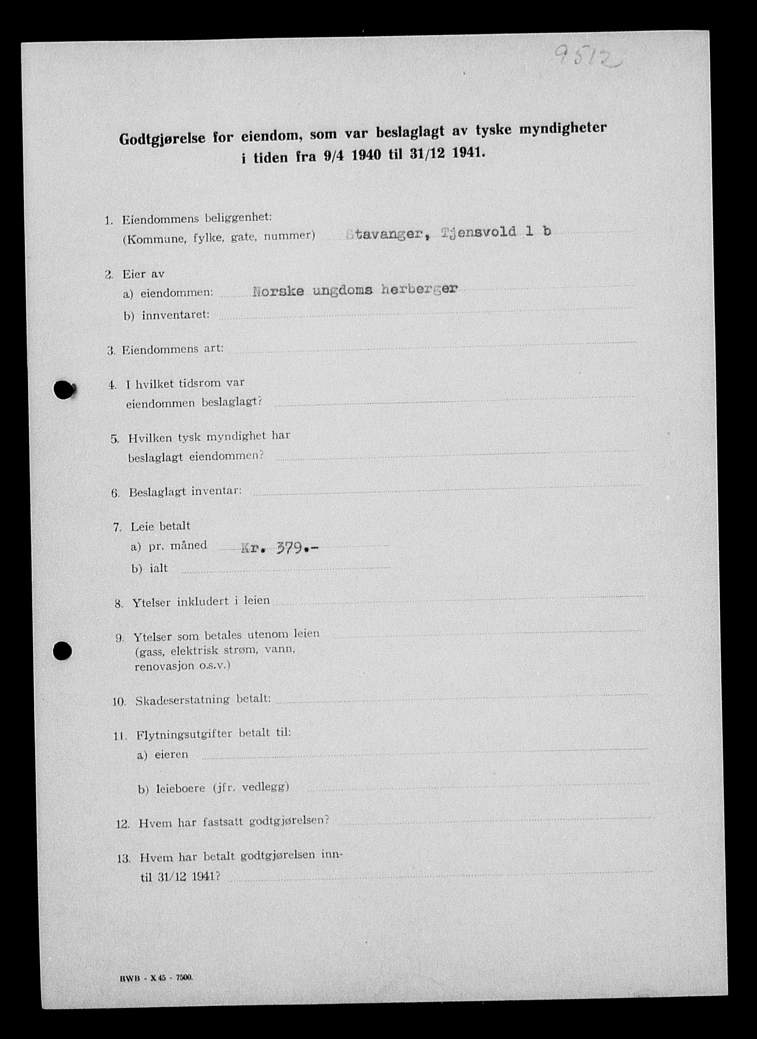 Justisdepartementet, Tilbakeføringskontoret for inndratte formuer, AV/RA-S-1564/I/L1014: Godtgjørelse for beslaglagt eiendom, 1940-1941, s. 99