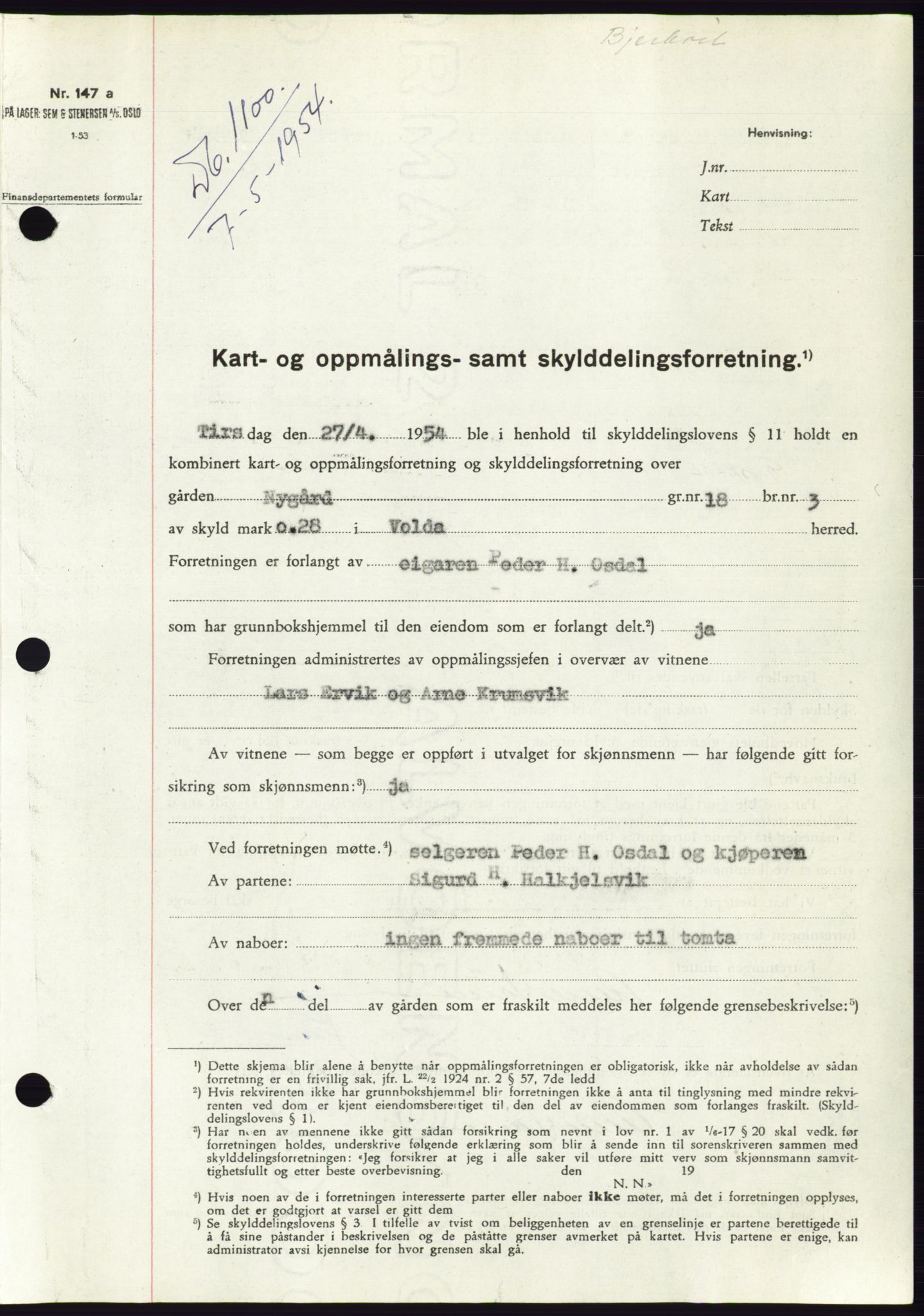 Søre Sunnmøre sorenskriveri, SAT/A-4122/1/2/2C/L0097: Pantebok nr. 23A, 1954-1954, Dagboknr: 1100/1954