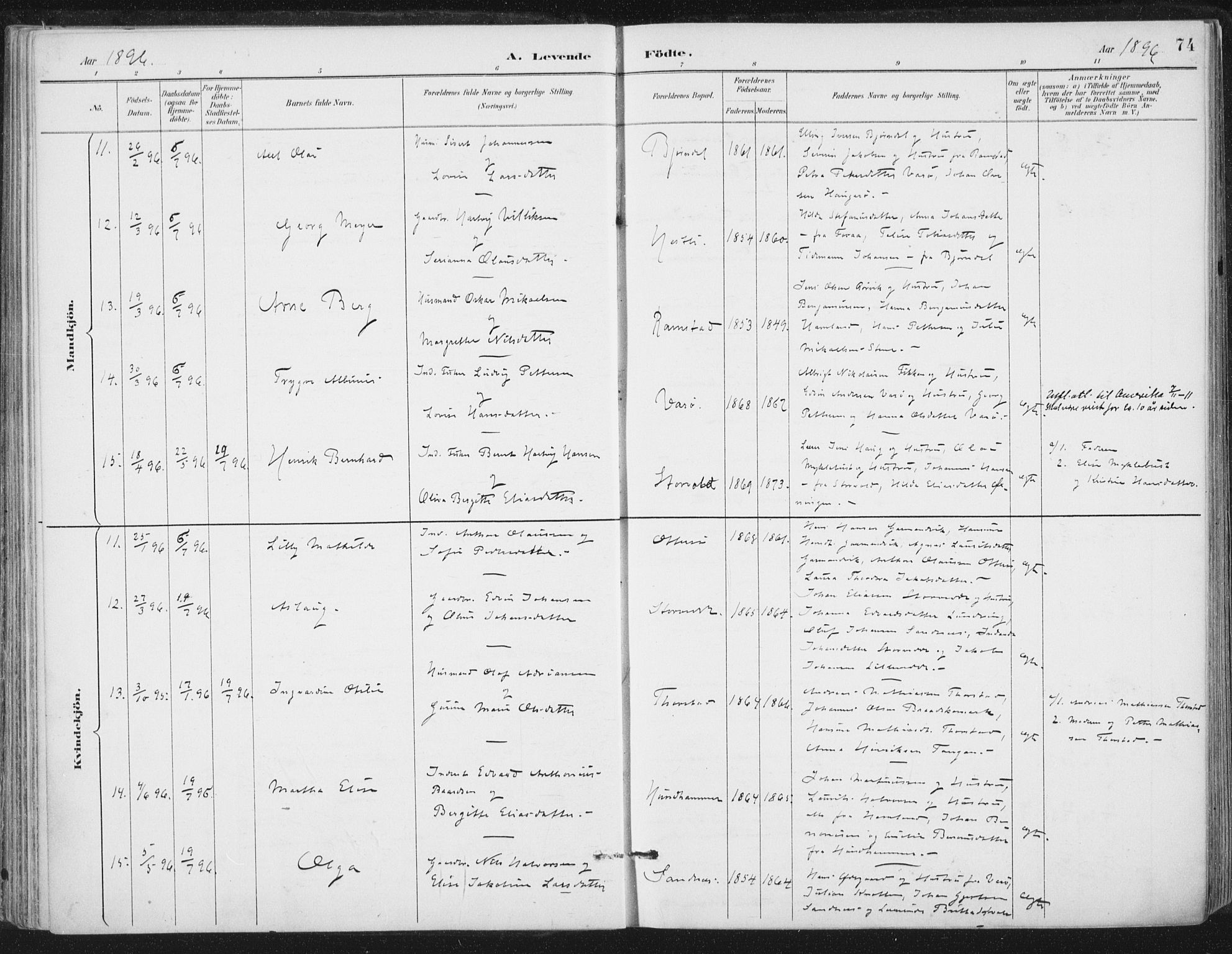 Ministerialprotokoller, klokkerbøker og fødselsregistre - Nord-Trøndelag, AV/SAT-A-1458/784/L0673: Ministerialbok nr. 784A08, 1888-1899, s. 74