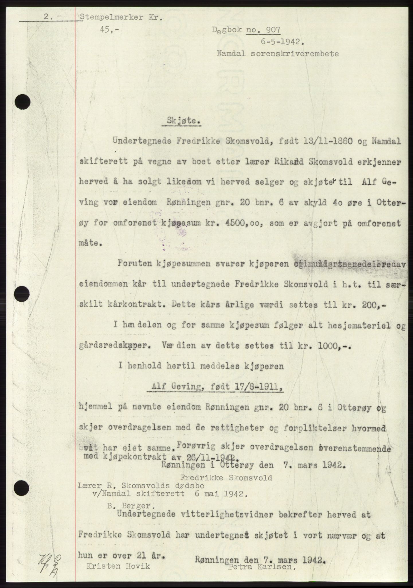 Namdal sorenskriveri, SAT/A-4133/1/2/2C: Pantebok nr. -, 1941-1942, Dagboknr: 907/1942
