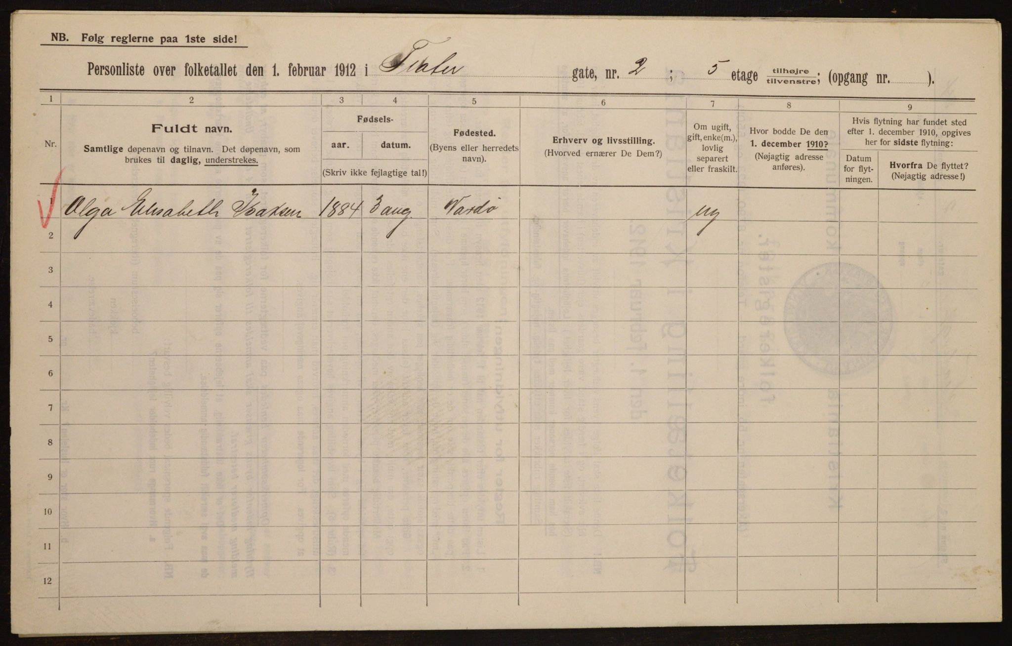 OBA, Kommunal folketelling 1.2.1912 for Kristiania, 1912, s. 107102