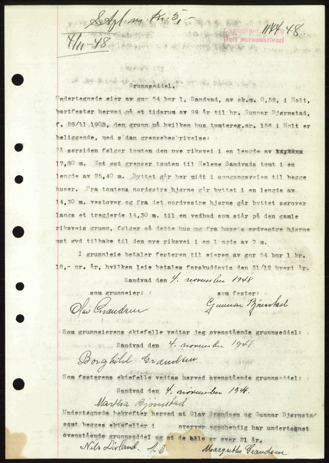 Holt sorenskriveri, AV/SAK-1221-0002/G/Gba/L0059: Pantebok nr. A7, 1948-1948, Dagboknr: 1174/1948