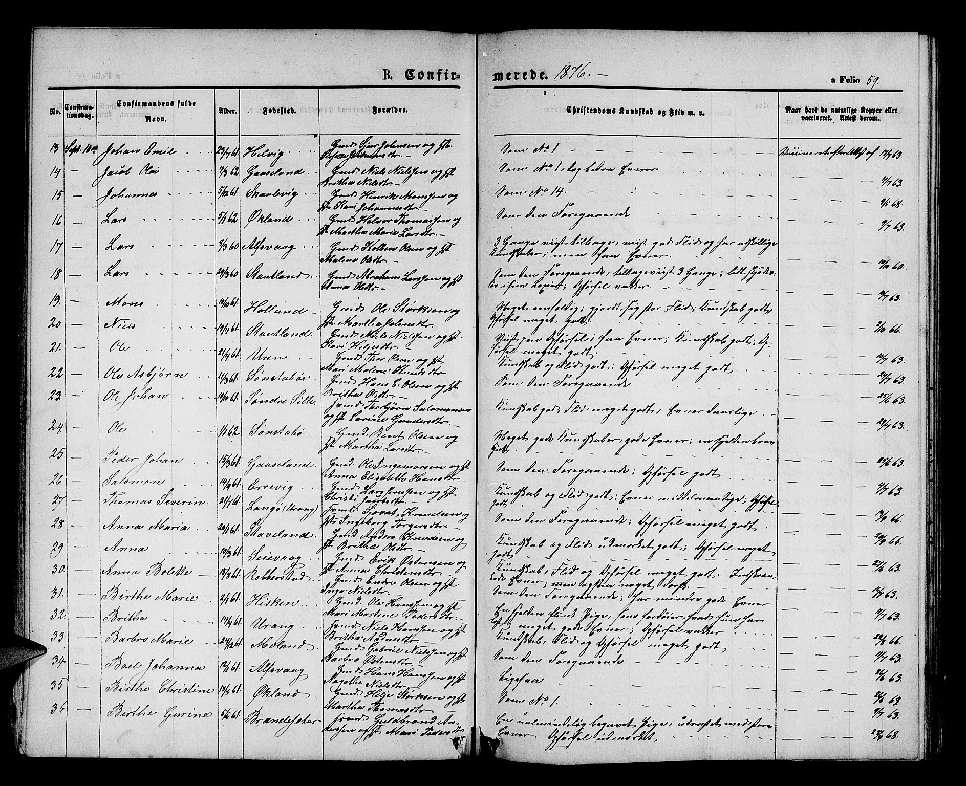 Finnås sokneprestembete, AV/SAB-A-99925/H/Ha/Hab/Habb/L0002: Klokkerbok nr. B 2, 1871-1881, s. 59