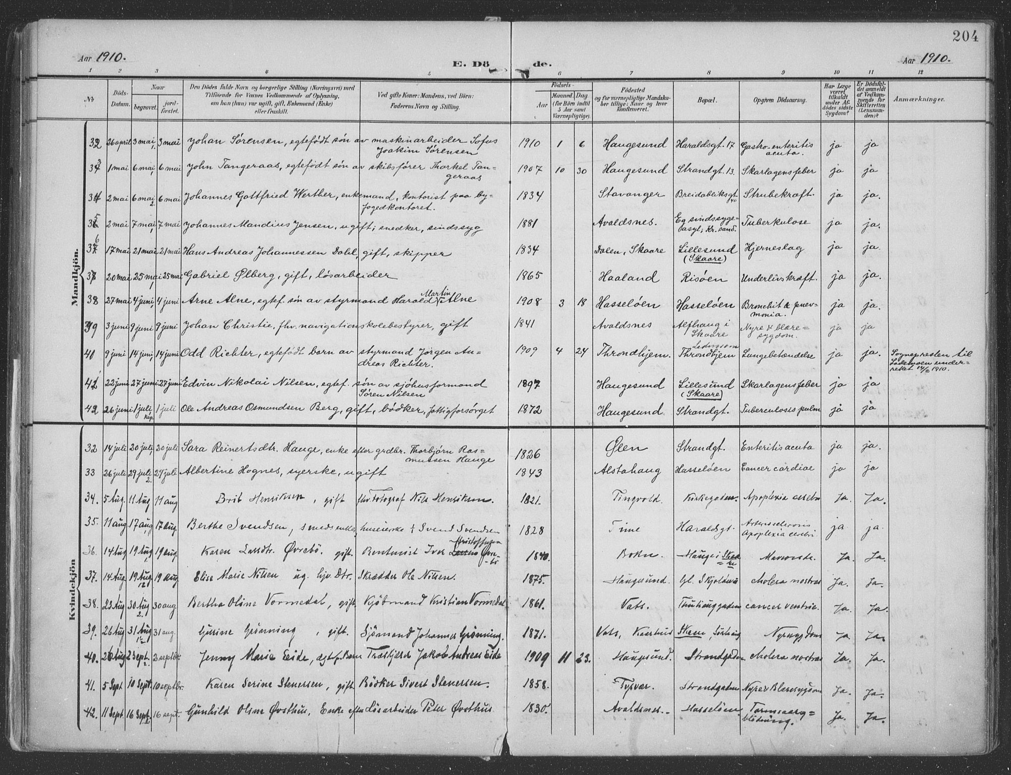 Haugesund sokneprestkontor, AV/SAST-A -101863/H/Ha/Haa/L0007: Ministerialbok nr. A 7, 1904-1916, s. 204