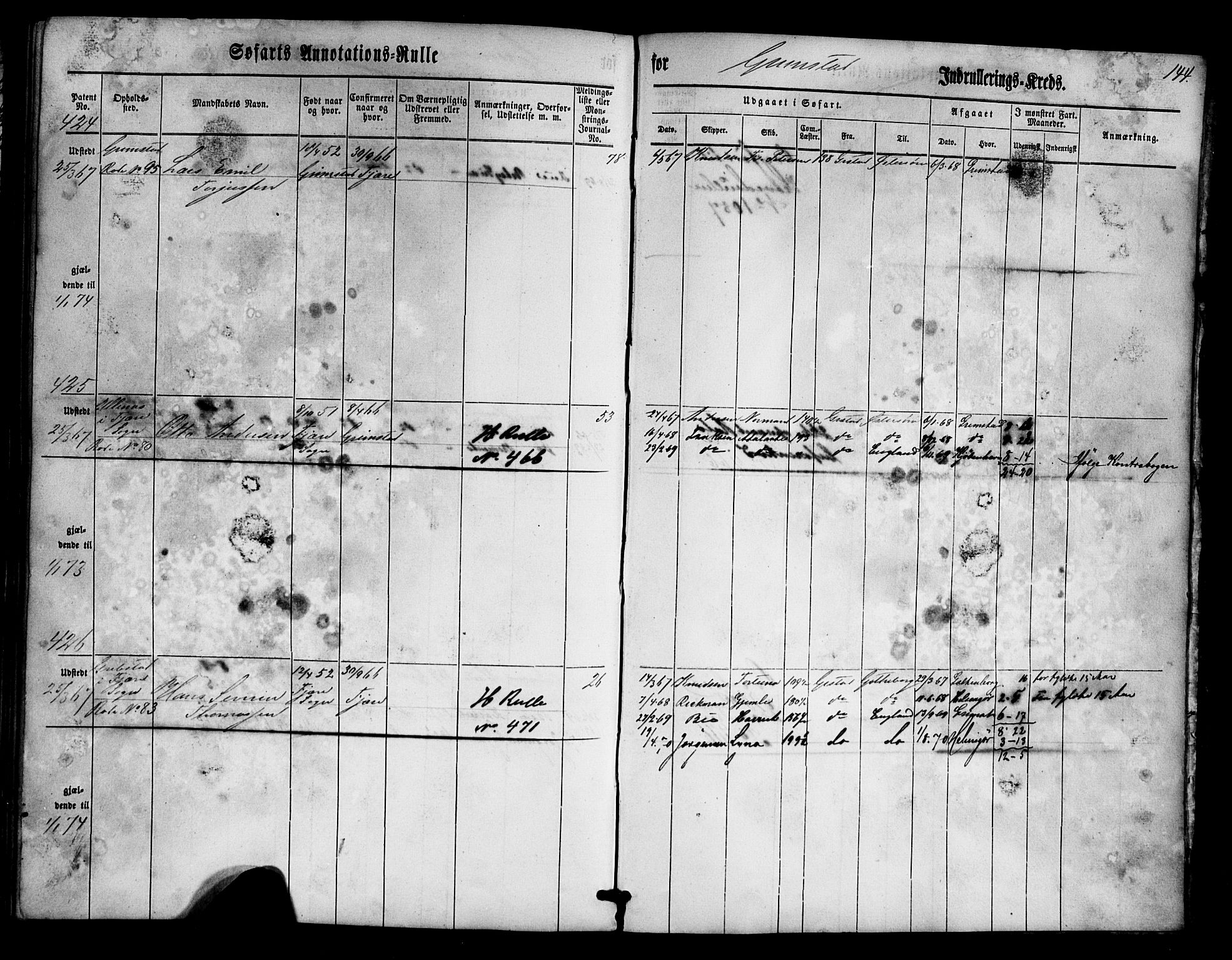 Grimstad mønstringskrets, SAK/2031-0013/F/Fa/L0004: Annotasjonsrulle nr 1-435 med register, V-17, 1860-1867, s. 169