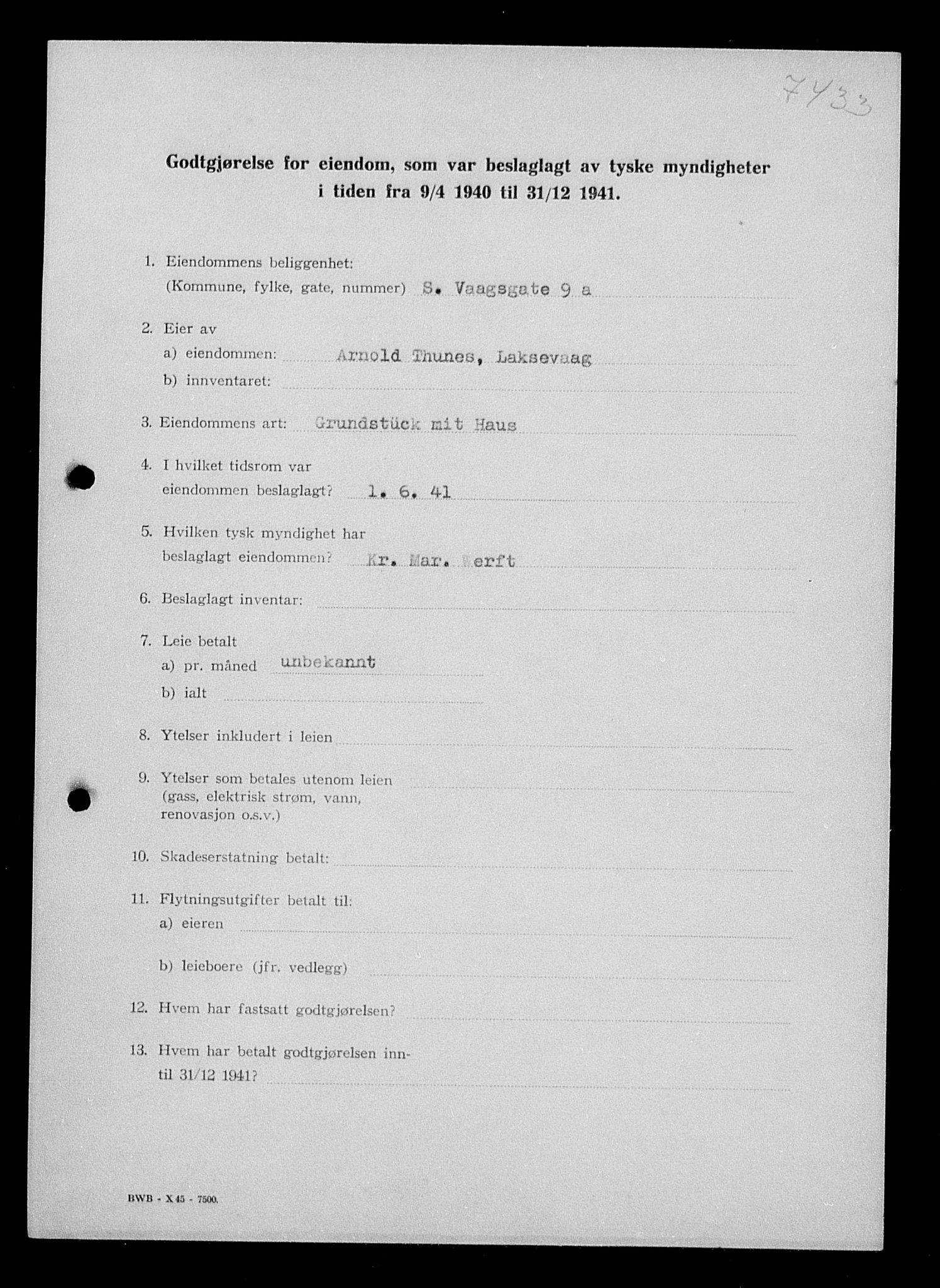 Justisdepartementet, Tilbakeføringskontoret for inndratte formuer, AV/RA-S-1564/I/L1016: Godtgjørelse for beslaglagt eiendom, 1940-1941, s. 322