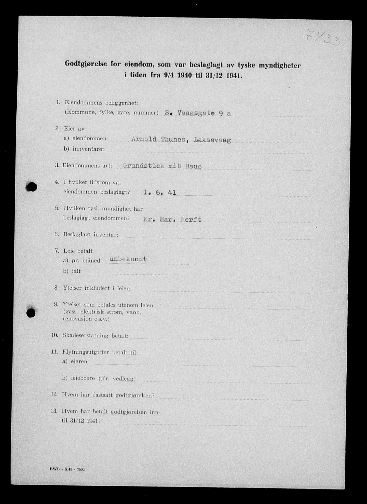 Justisdepartementet, Tilbakeføringskontoret for inndratte formuer, RA/S-1564/I/L1016: Godtgjørelse for beslaglagt eiendom, 1940-1941, s. 322