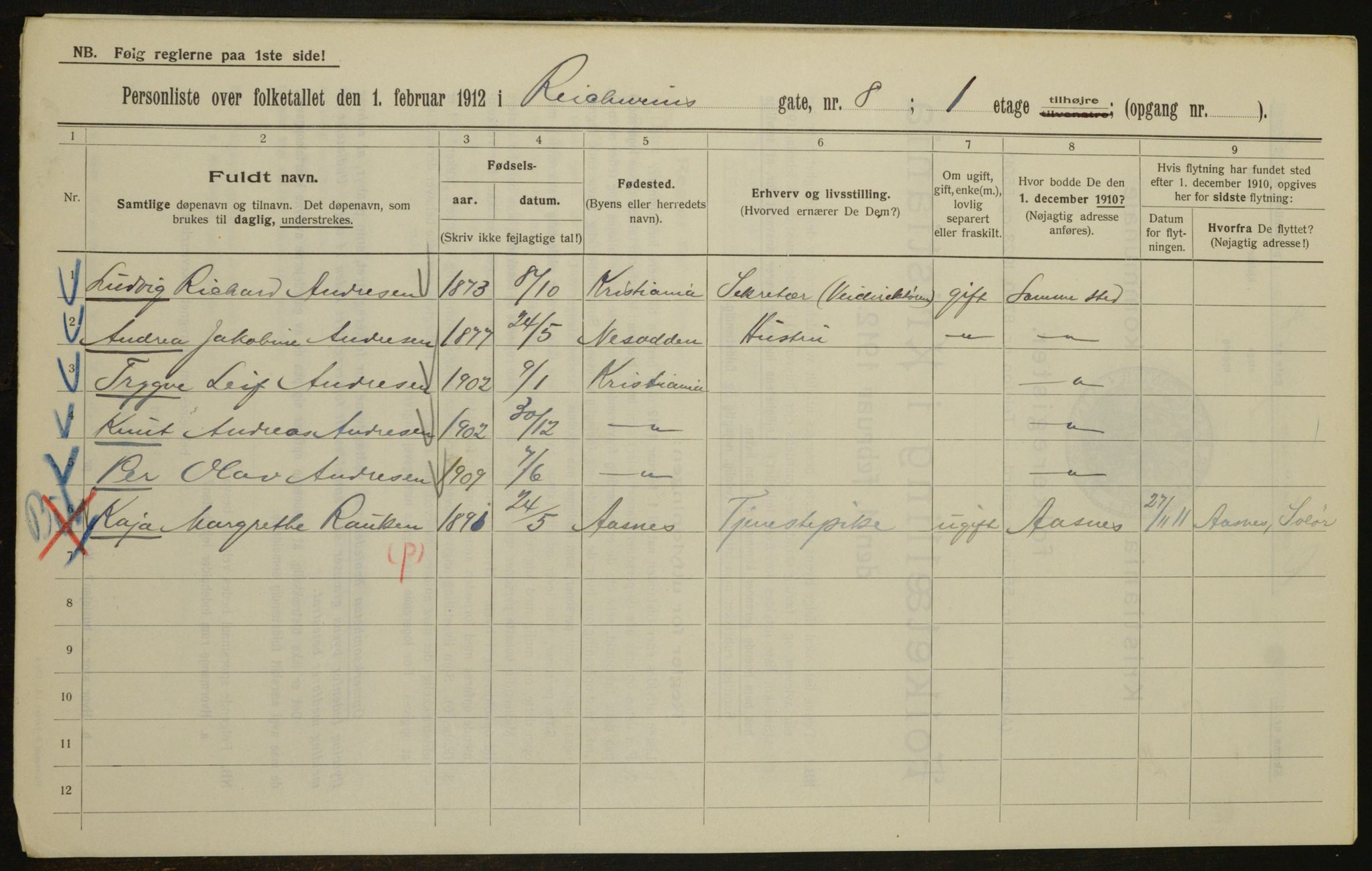 OBA, Kommunal folketelling 1.2.1912 for Kristiania, 1912, s. 83015