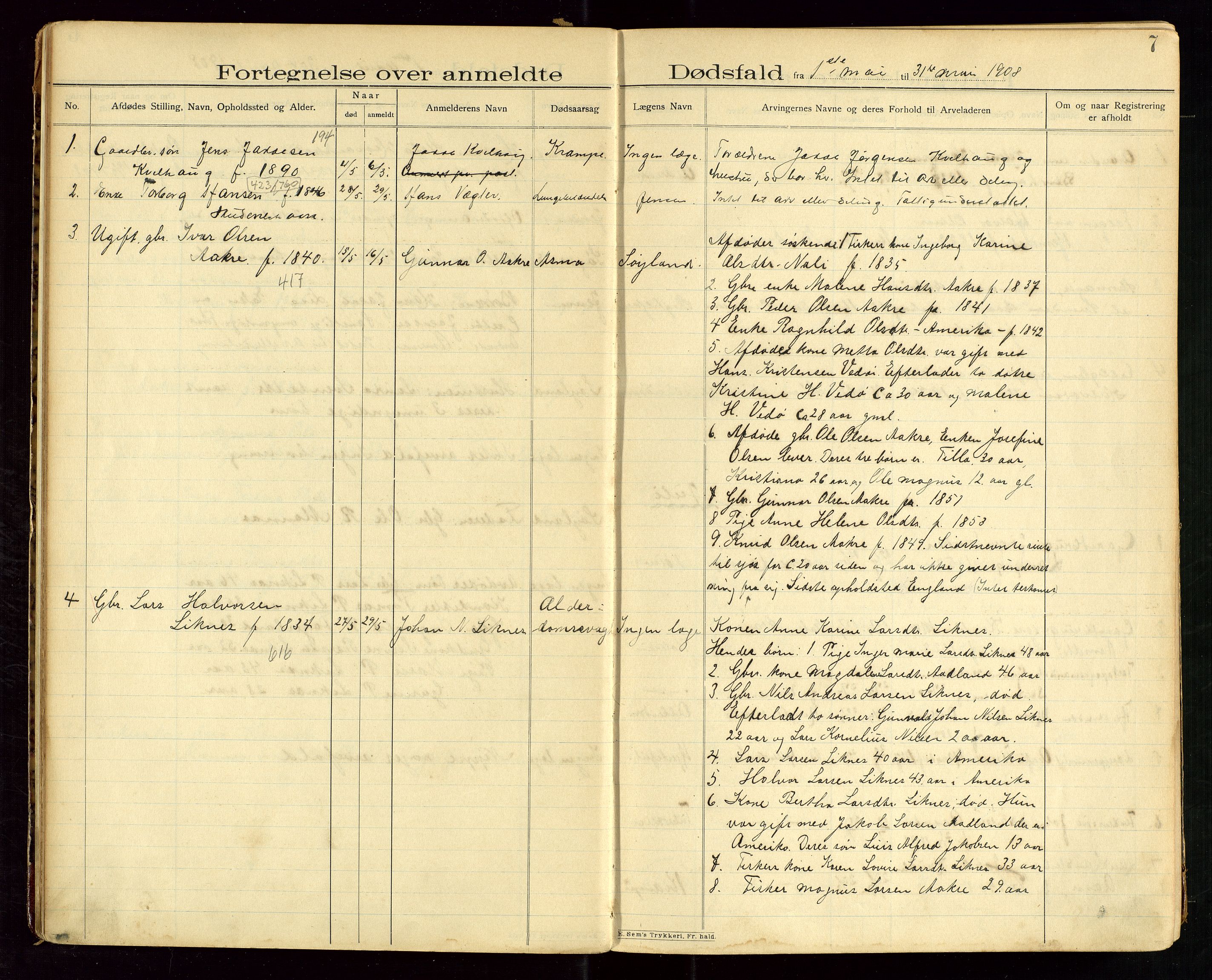 Skudenes lensmannskontor, AV/SAST-A-100444/Gga/L0003: "Dødsfalds-Protokol", 1908-1912, s. 7