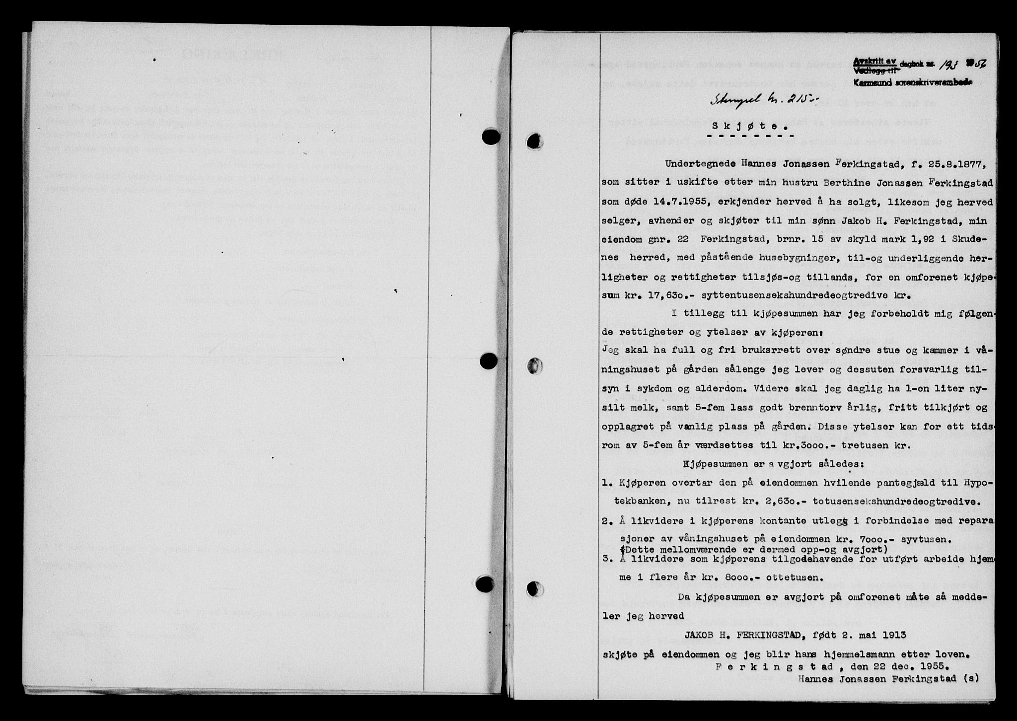 Karmsund sorenskriveri, SAST/A-100311/01/II/IIB/L0118: Pantebok nr. 98A, 1955-1956, Dagboknr: 193/1956