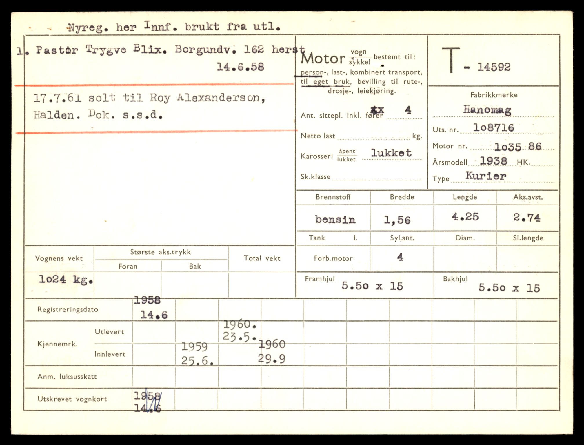 Møre og Romsdal vegkontor - Ålesund trafikkstasjon, AV/SAT-A-4099/F/Fe/L0047: Registreringskort for kjøretøy T 14580 - T 14720, 1927-1998, s. 339