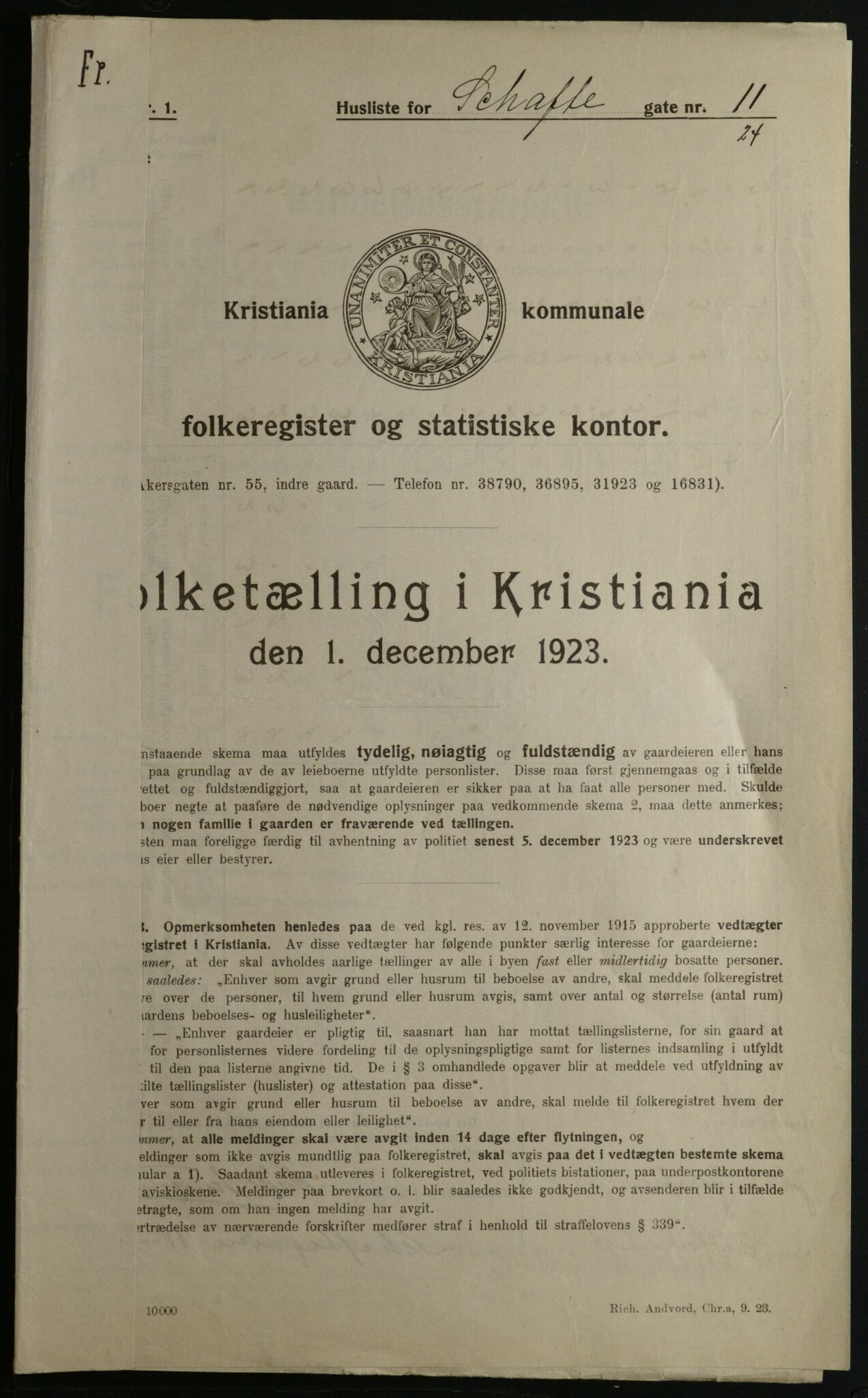 OBA, Kommunal folketelling 1.12.1923 for Kristiania, 1923, s. 99165