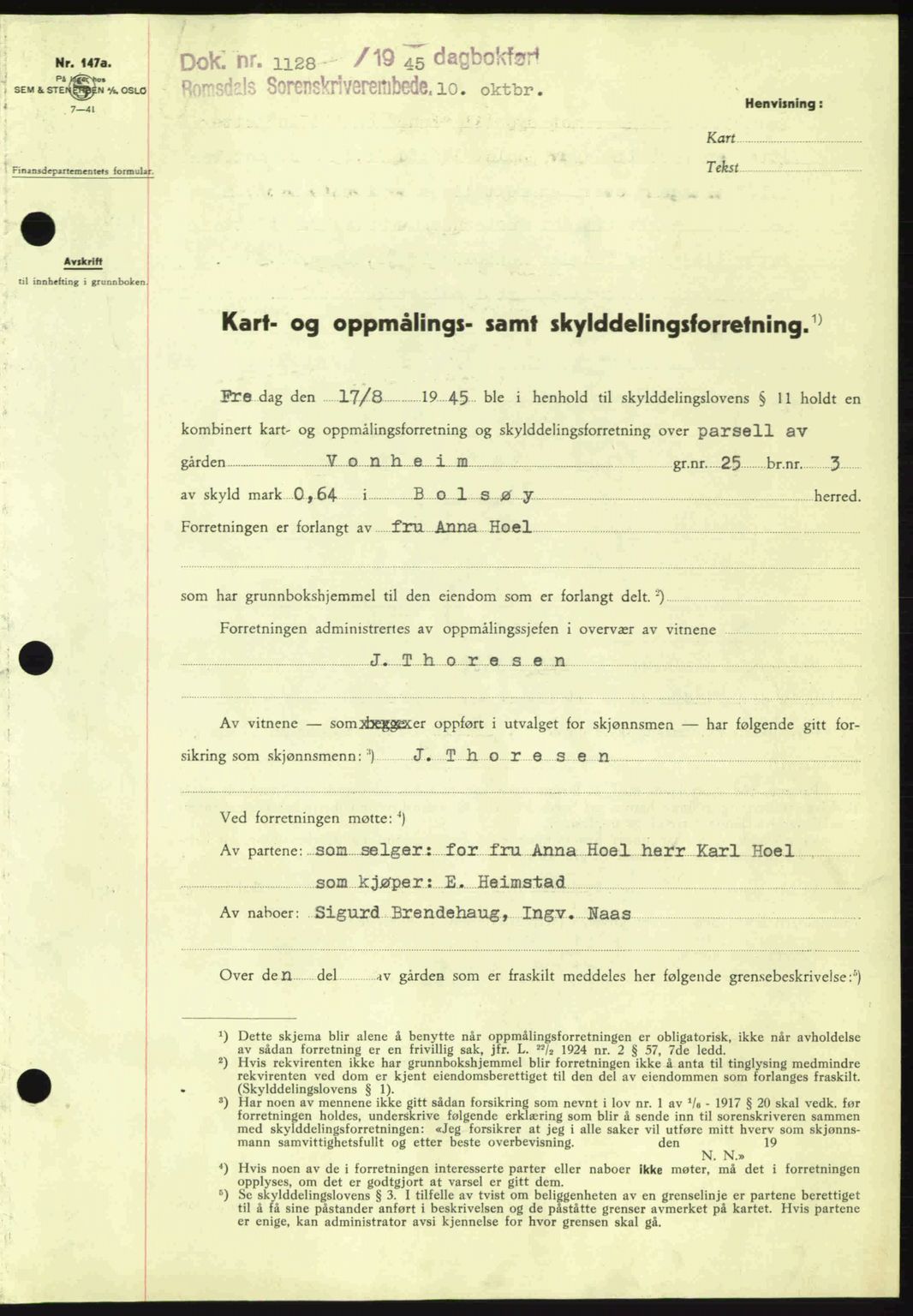 Romsdal sorenskriveri, SAT/A-4149/1/2/2C: Pantebok nr. A18, 1945-1945, Dagboknr: 1128/1945