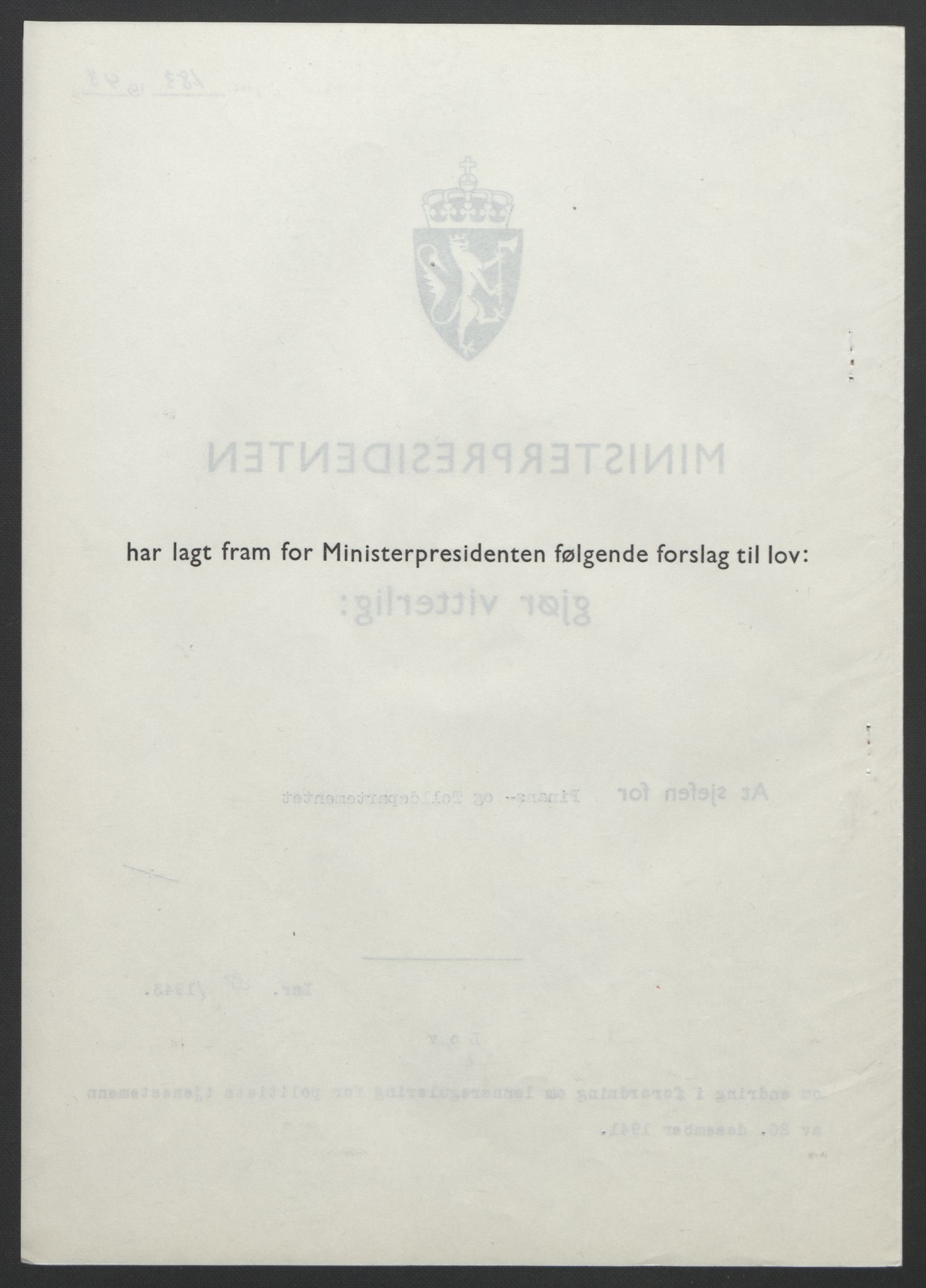 NS-administrasjonen 1940-1945 (Statsrådsekretariatet, de kommisariske statsråder mm), RA/S-4279/D/Db/L0099: Lover, 1943, s. 401
