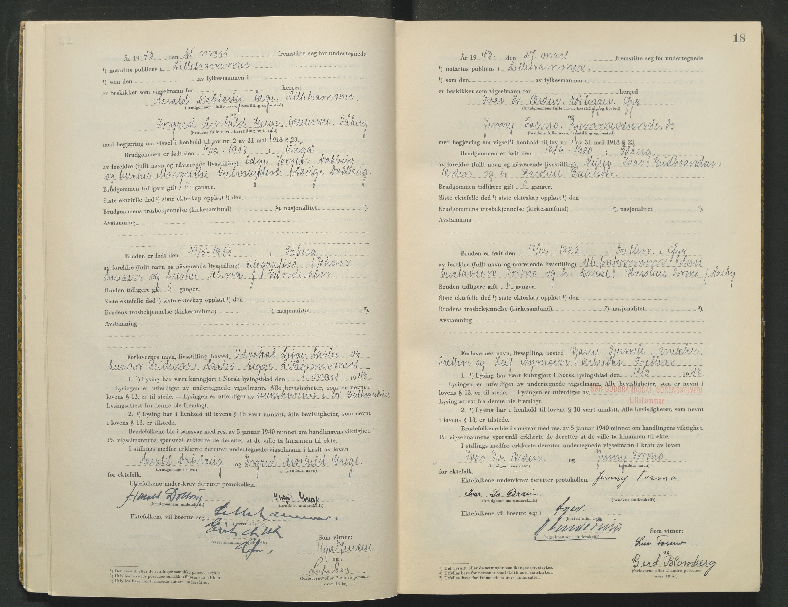 Sør-Gudbrandsdal tingrett, AV/SAH-TING-004/L/Lc/L0003: Vigselsprotokoll, 1943, s. 18